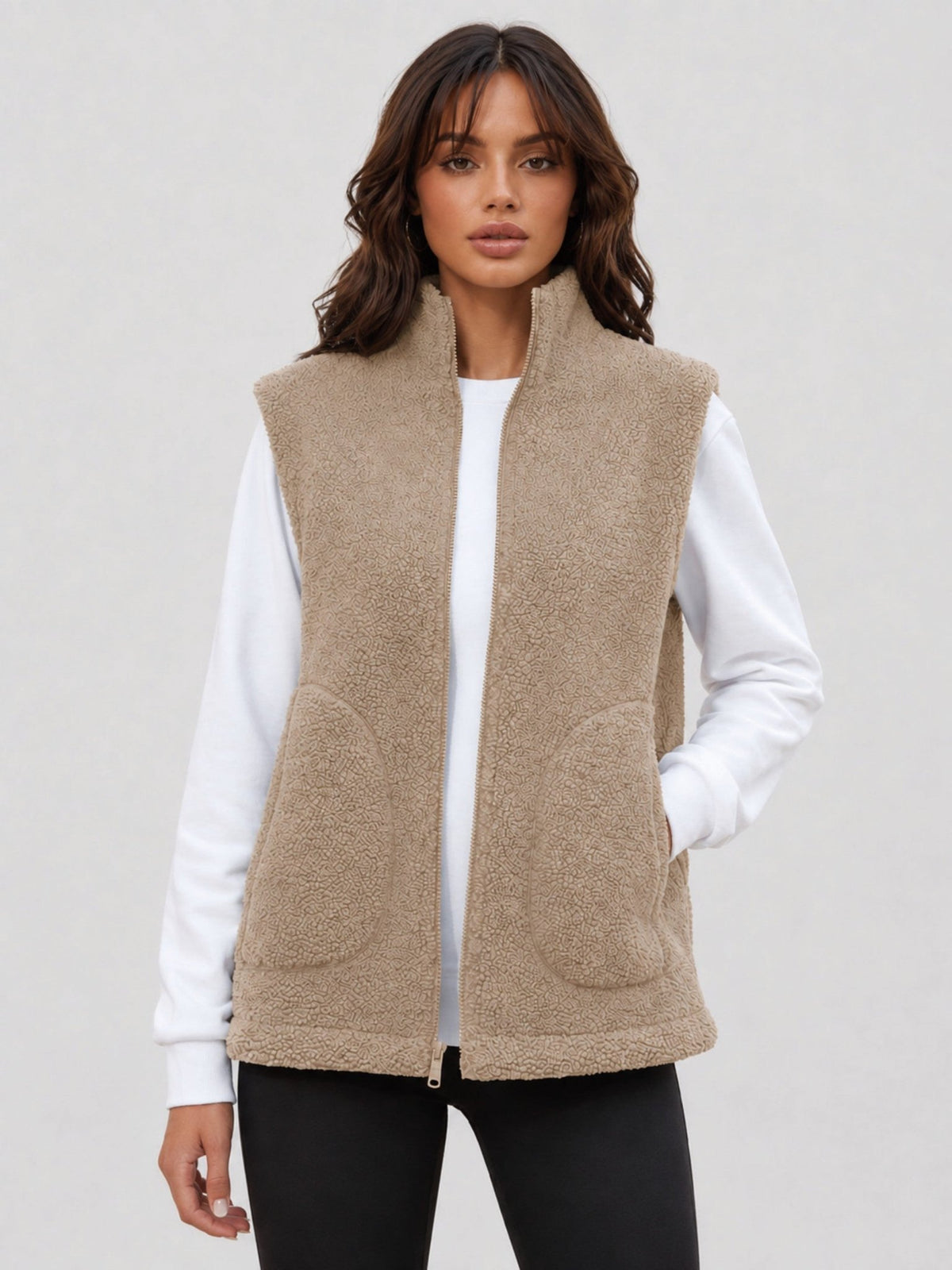 YUCOLEN Women's Sherpa Fleece Vest Fuzzy Zip Up Sleeveless Jacket with 4 Pockets in Khaki