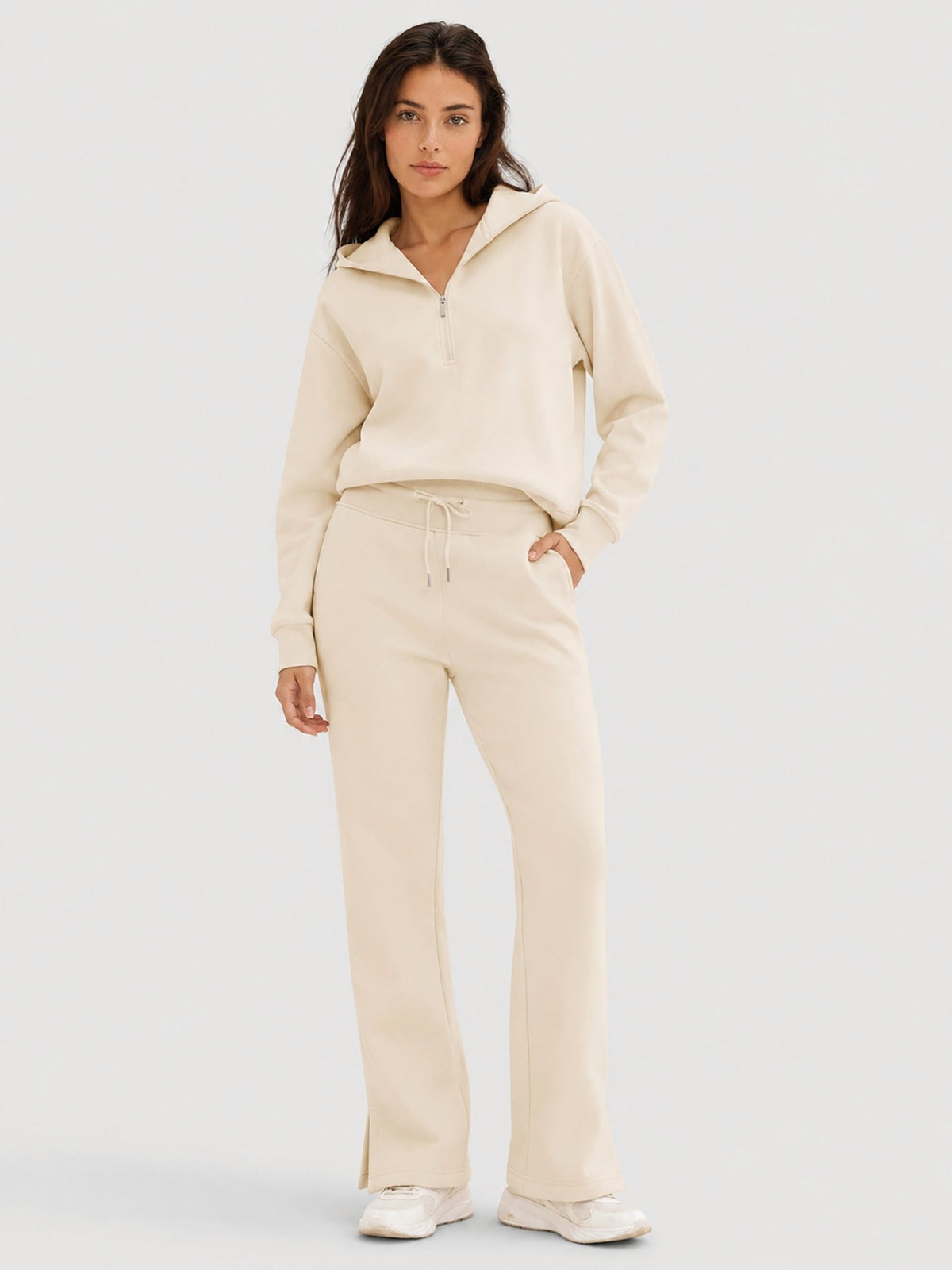 YUCOLEN Women's Fleece Lined Wide Leg Sweatpants Thermal Cotton Lounge Pants with Side Slits in Light Apricot