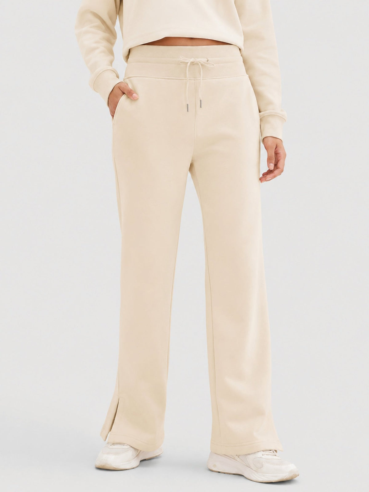 YUCOLEN Women's Fleece Lined Wide Leg Sweatpants Thermal Cotton Lounge Pants with Side Slits in Light Apricot