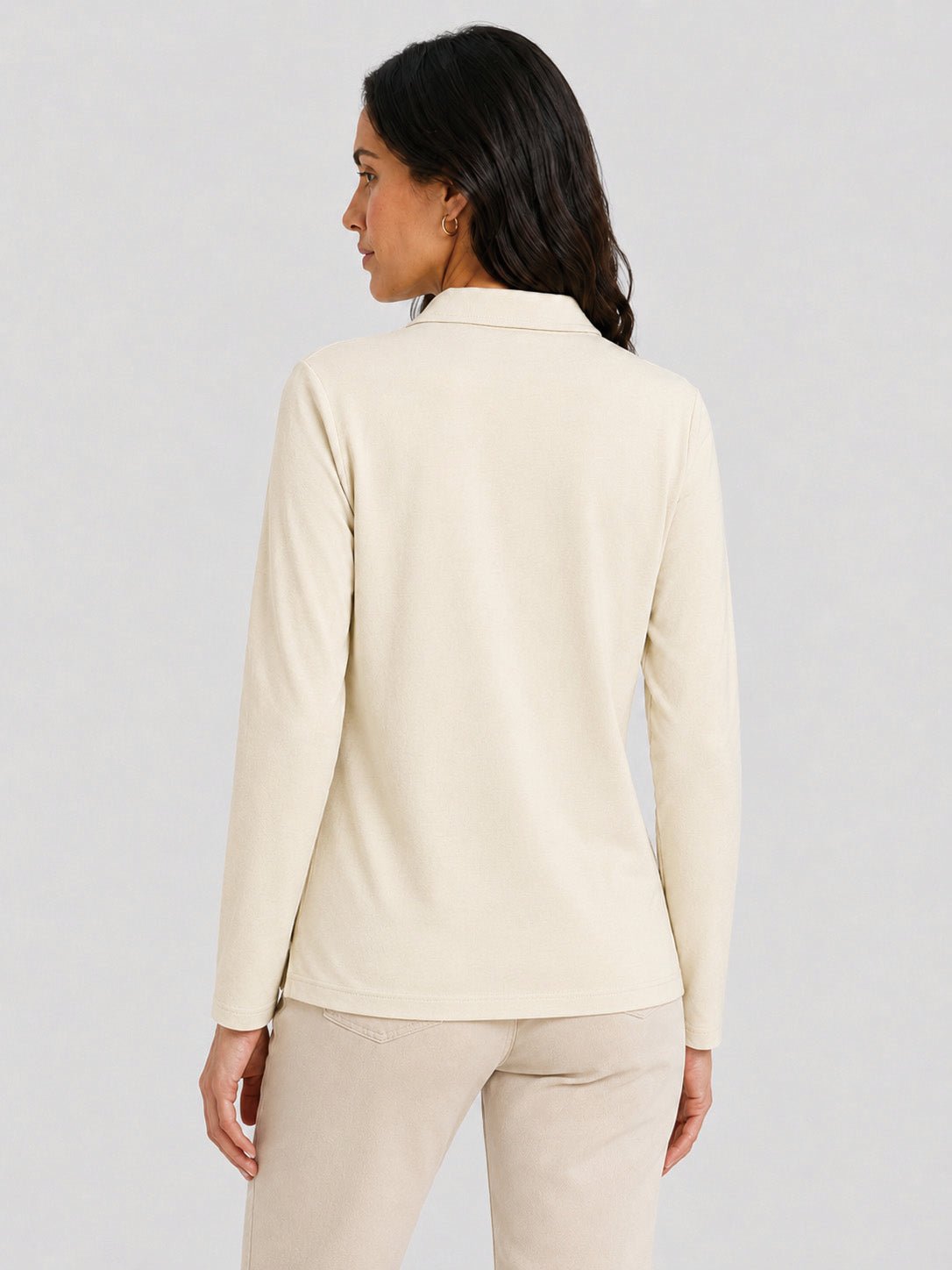 YUCOLEN Women's Long Sleeve Golf Shirt Breathable Cotton Blend 5-Button Top in Light Apricot