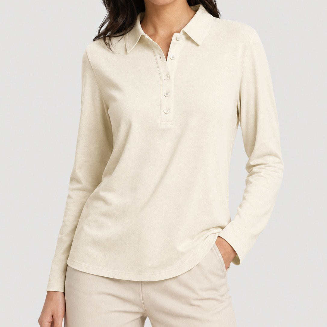 YUCOLEN Women's Long Sleeve Golf Shirt Breathable Cotton Blend 5-Button Top in Light Apricot