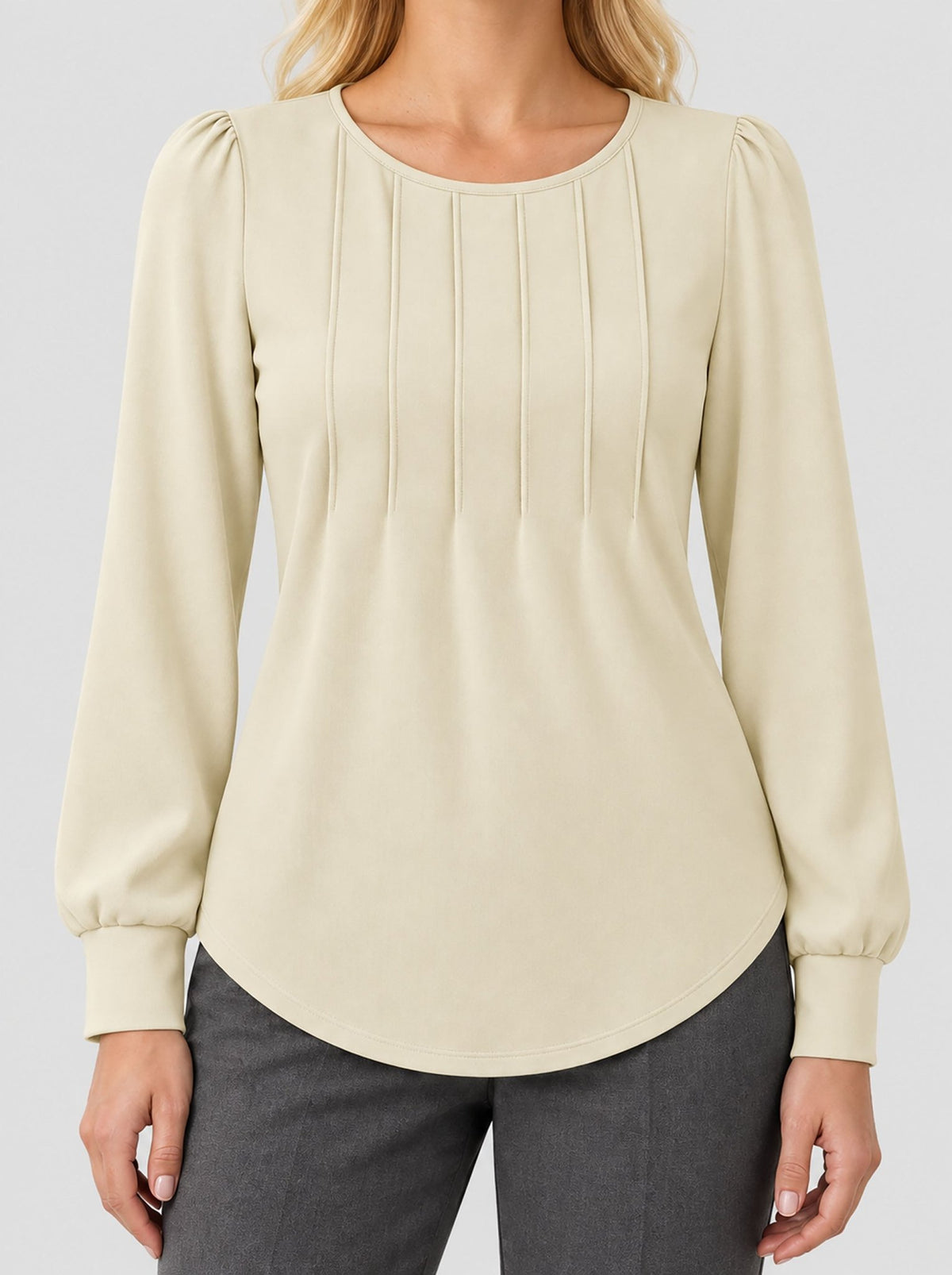 YUCOLEN Womens Pleated Puff Sleeve Crew Neck Long Sleeve Tunic Top in Light Apricot