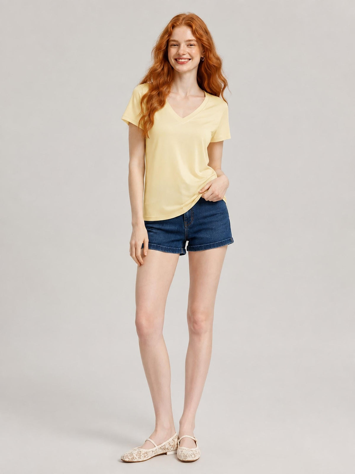 YUCOLEN Women's UPF 50+ V Neck T-Shirt Soft Tri-Blend Sun Protection Performance Tee in Light Apricot