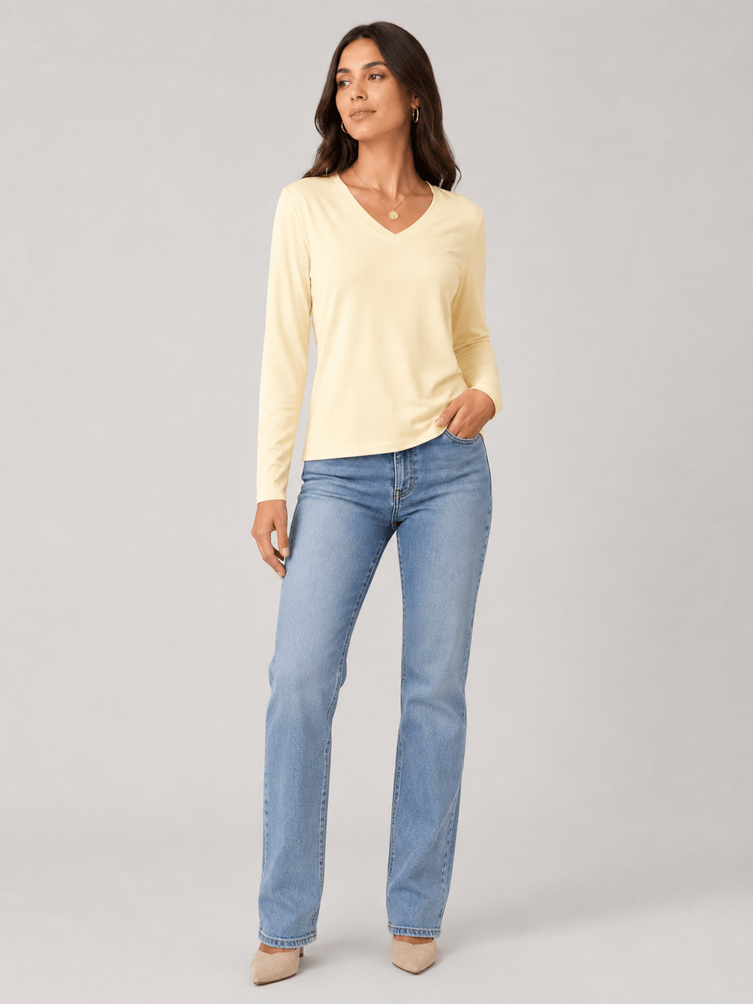 YUCOLEN Women's V Neck Long Sleeve Shirt Cotton Blend Soft Performance Tee in Light Apricot