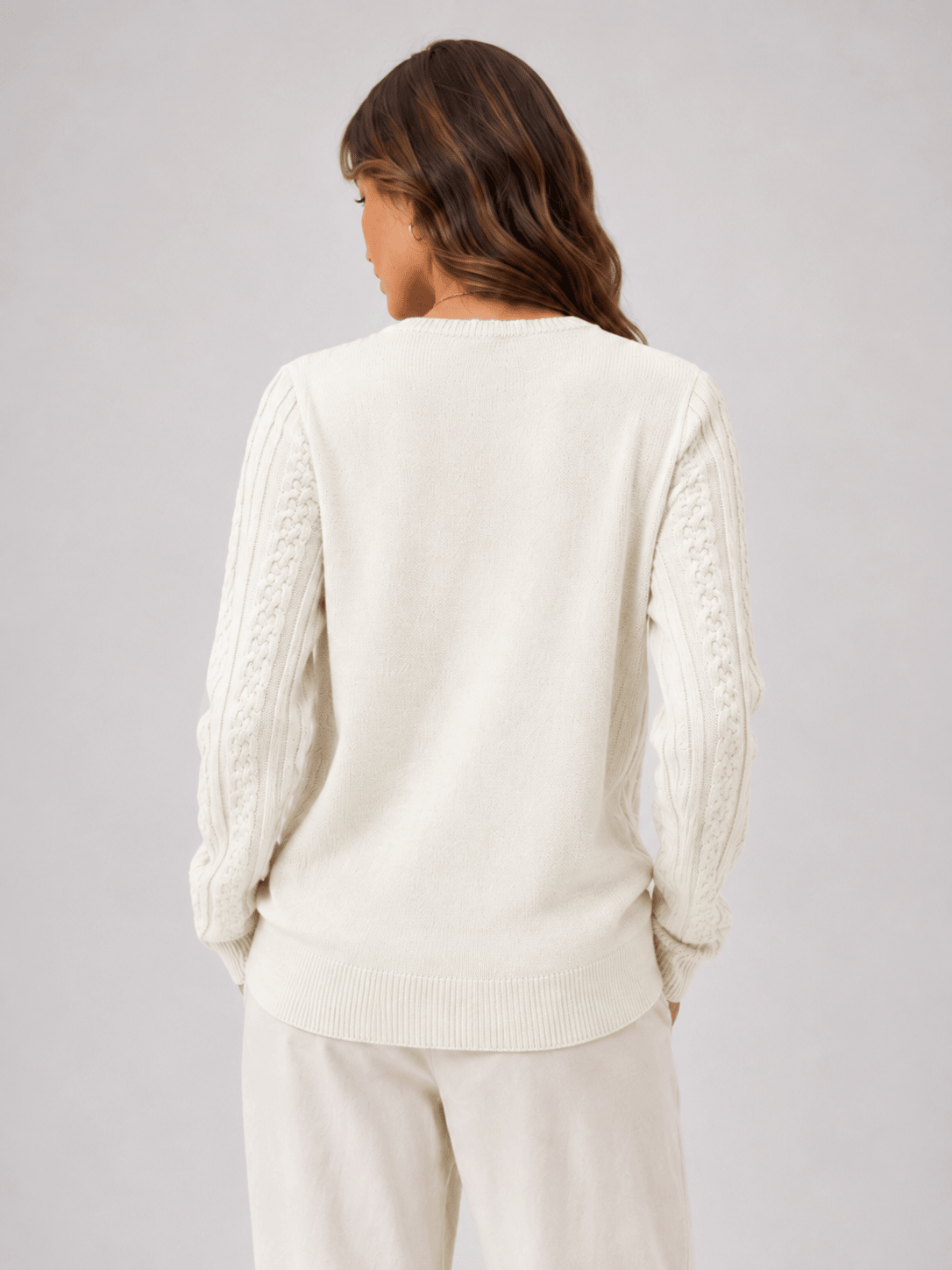 YUCOLEN Women's Lightweight Cable Knit Sweater Soft Crew Neck Fisherman Pullover Top in Light Beige