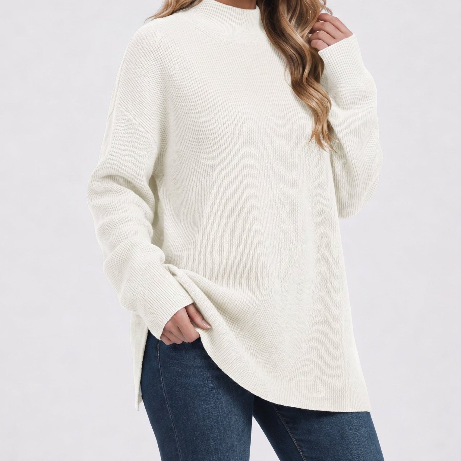 YUCOLEN Women's Oversized Ribbed Knit Turtleneck Pullover with Side Slit in Light beige