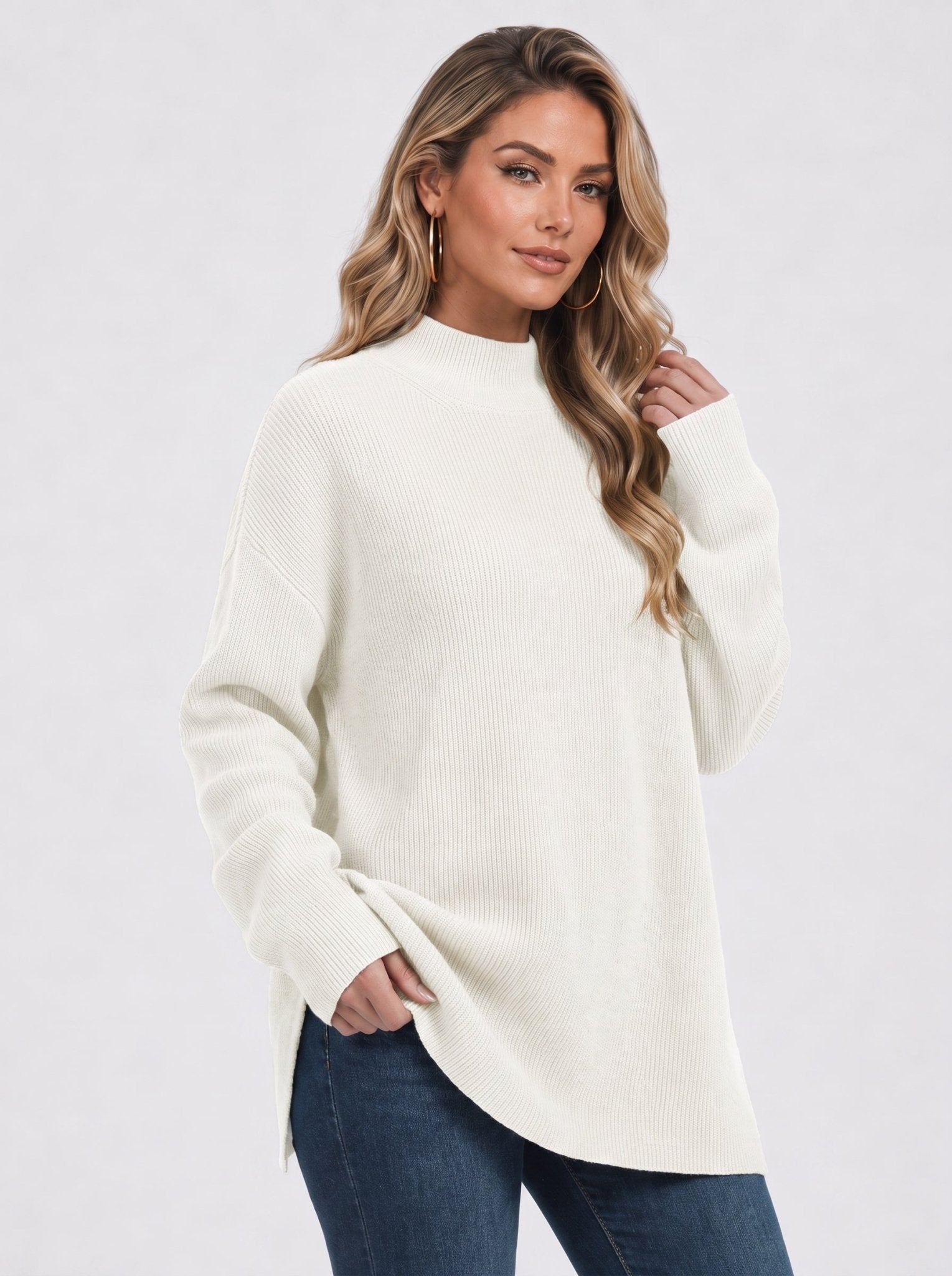 YUCOLEN Women's Oversized Ribbed Knit Turtleneck Pullover with Side Slit in Light beige