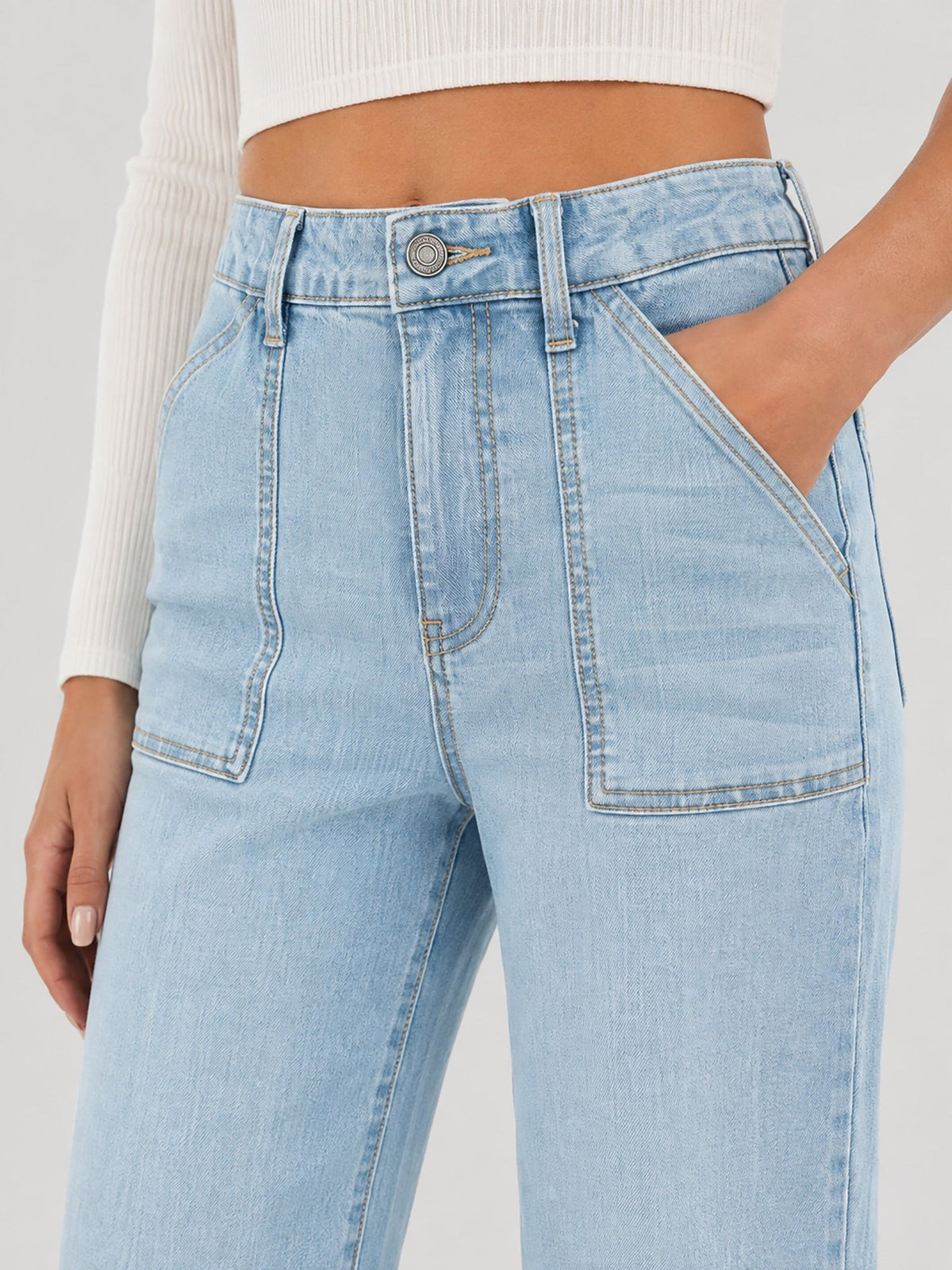 YUCOLEN Women's High Waisted Straight Leg Stretchy Denim Jeans with Pockets in Light Blue