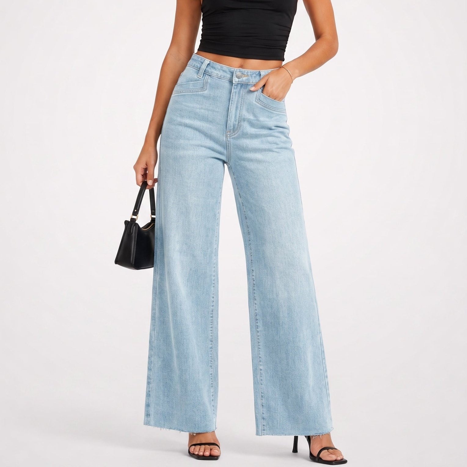 YUCOLEN Women's High Waisted Wide Leg Jeans Stretchy Vintage Loose Denim Pants in Light Blue