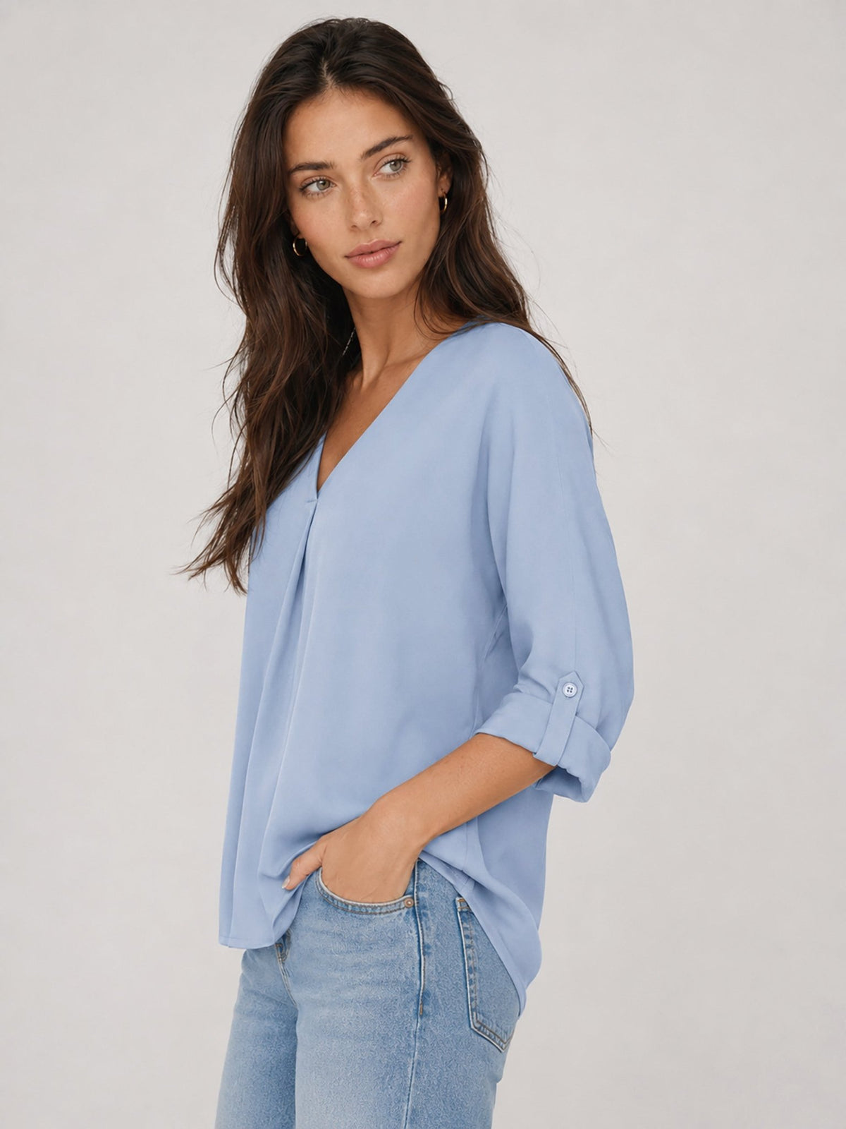 YUCOLEN Women's Lightweight V-Neck Flowy Blouse with 3/4 Flutter Sleeves in Light Blue