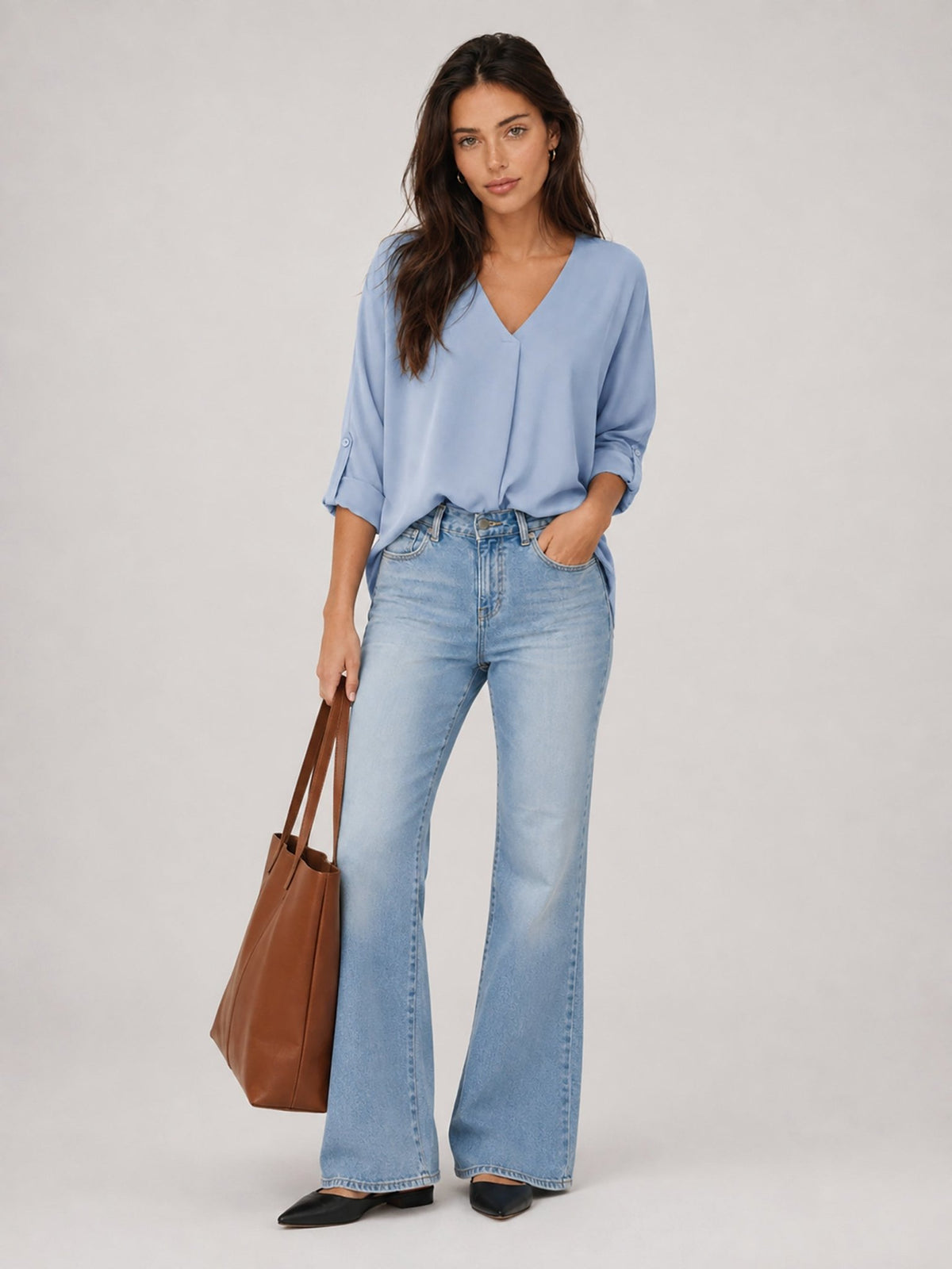 YUCOLEN Women's Lightweight V-Neck Flowy Blouse with 3/4 Flutter Sleeves in Light Blue