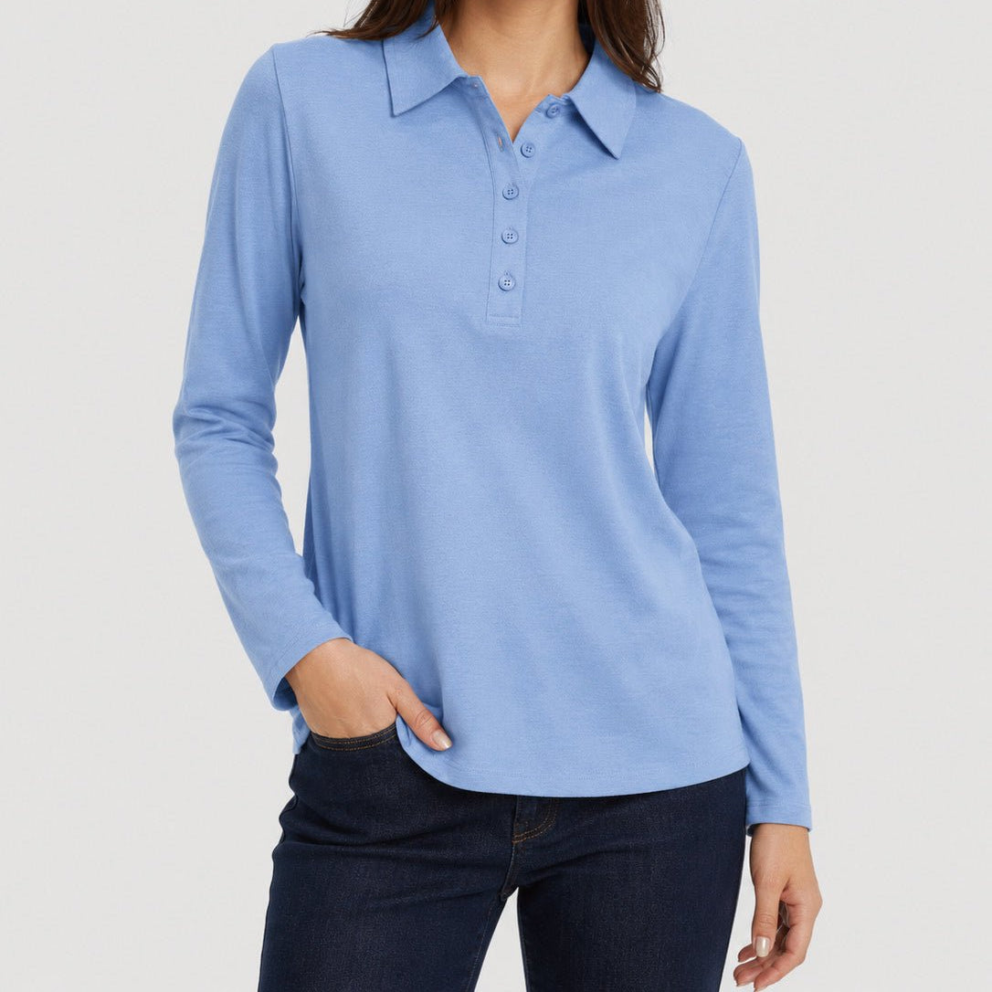 YUCOLEN Women's Long Sleeve Golf Shirt Breathable Cotton Blend 5-Button Top in Light Blue