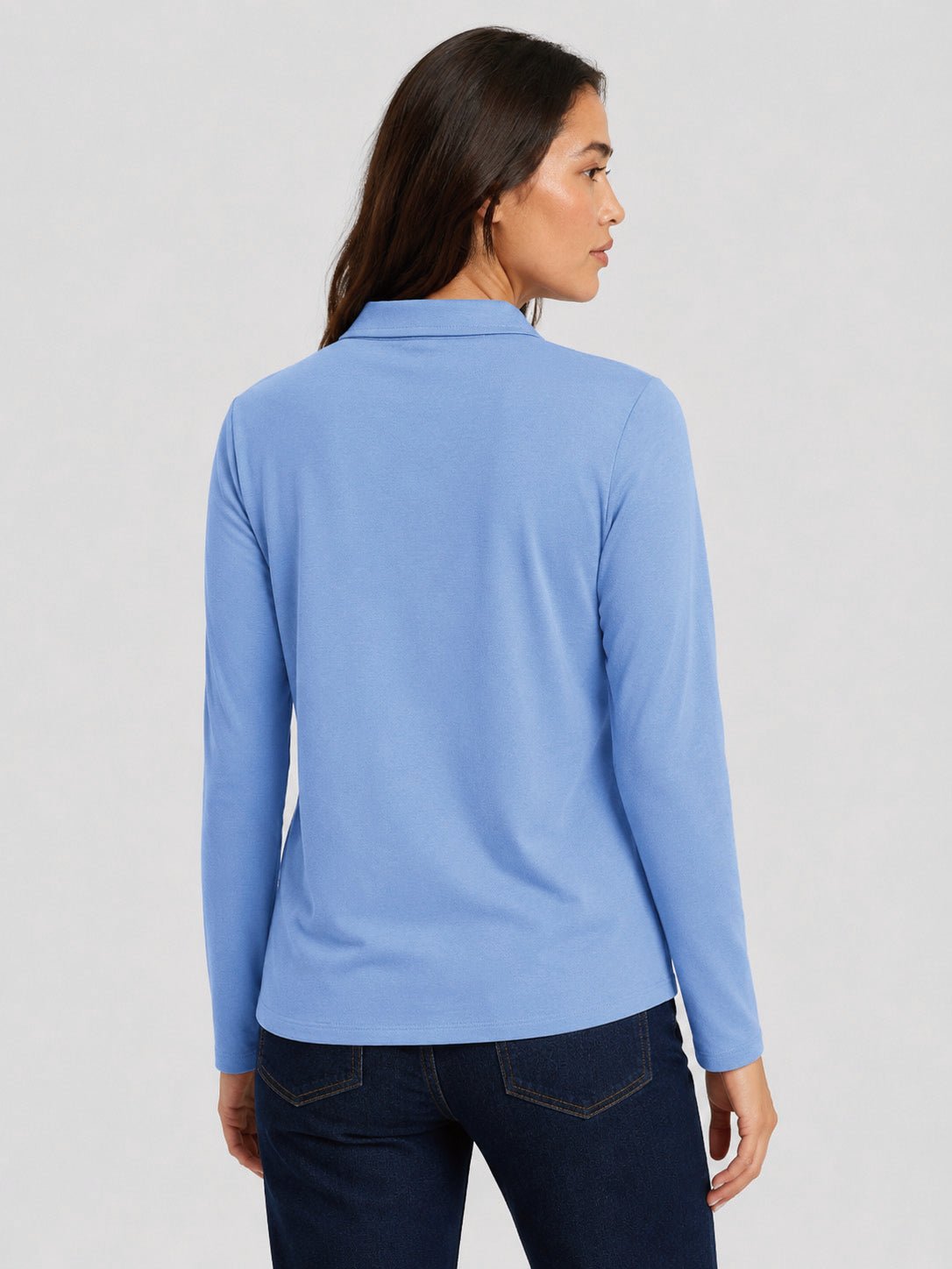 YUCOLEN Women's Long Sleeve Golf Shirt Breathable Cotton Blend 5-Button Top in Light Blue