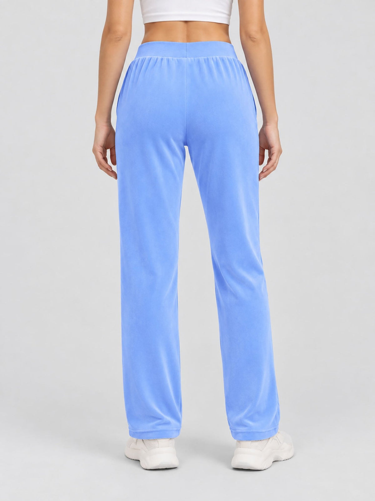 YUCOLEN Women's Soft Velour Straight Leg Pants with Elastic Waist in Light Blue