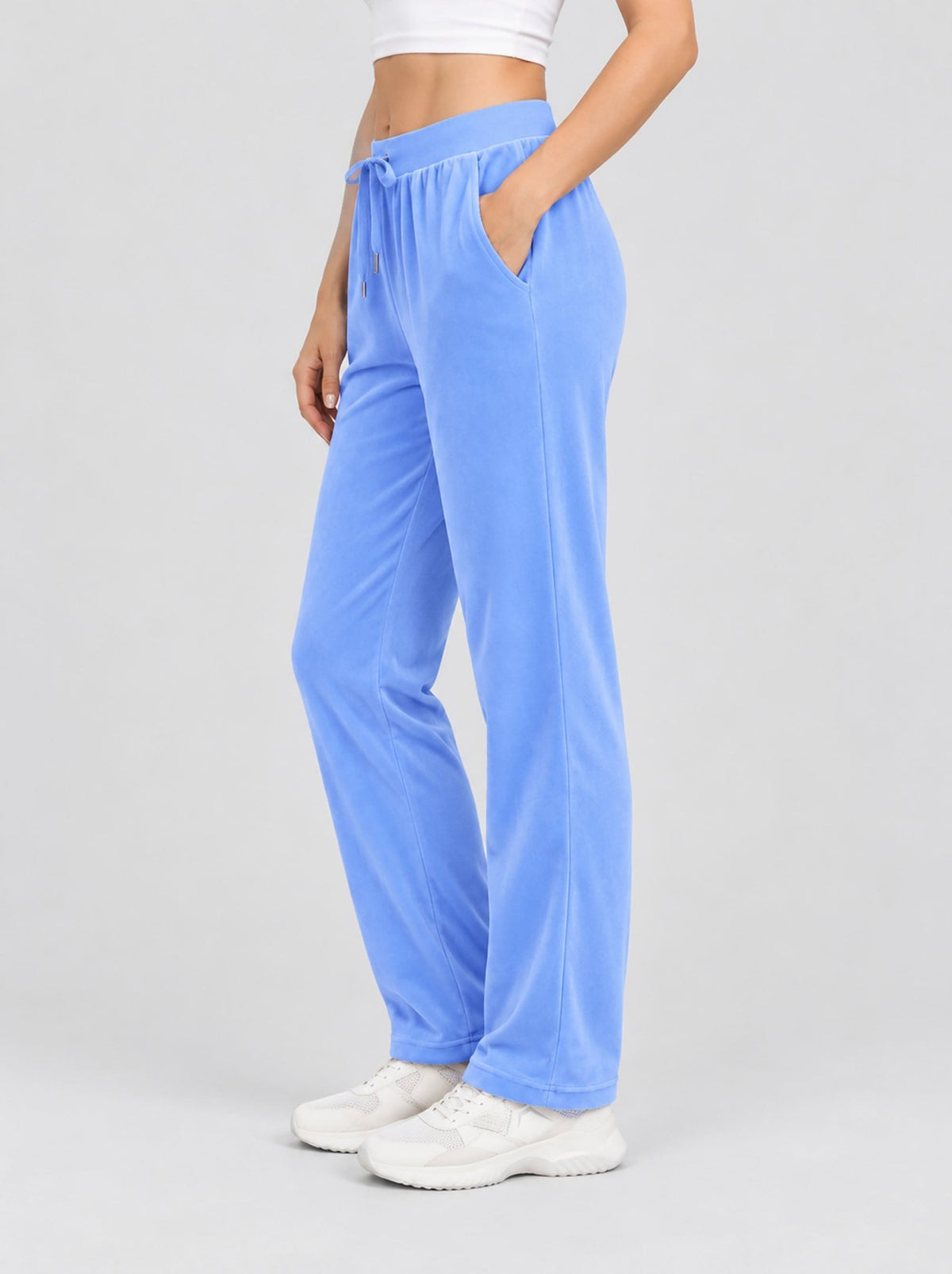 YUCOLEN Women's Soft Velour Straight Leg Pants with Elastic Waist in Light Blue