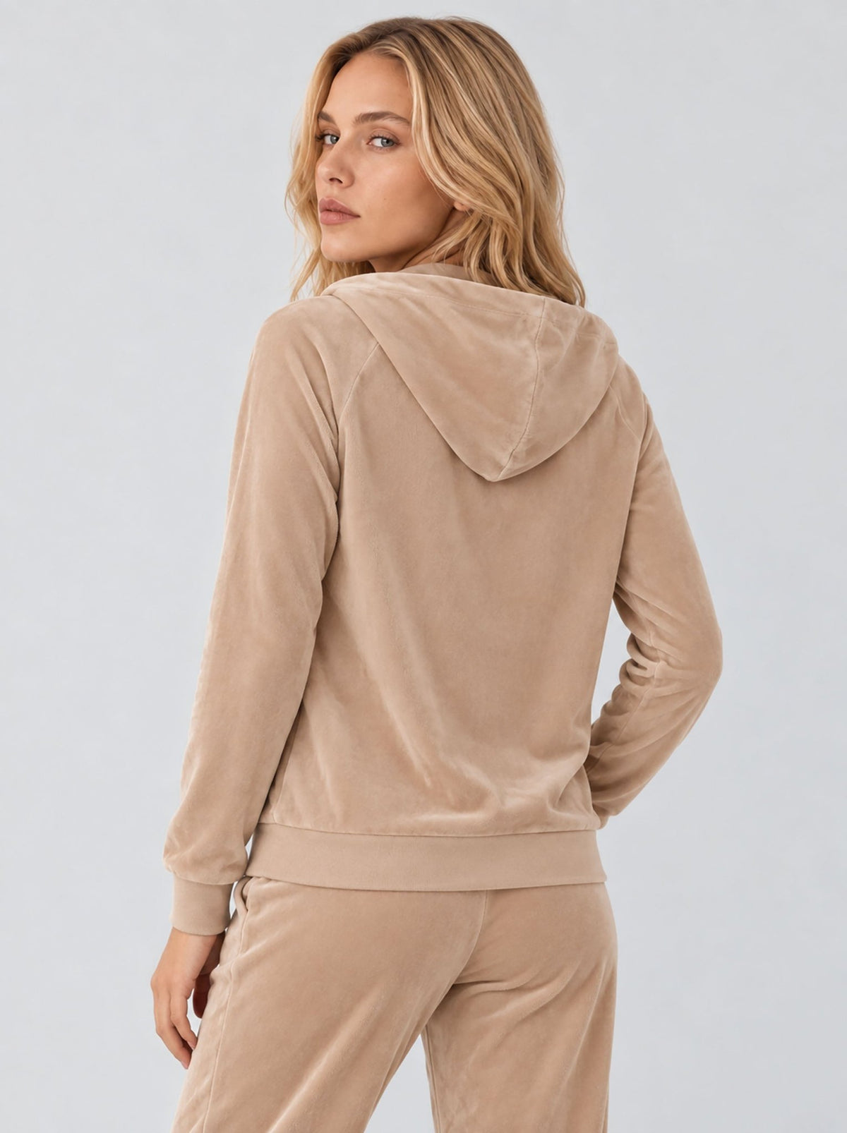 YUCOLEN Women's Soft Velour Full Zip Hooded Jacket with Pockets in Light Brown