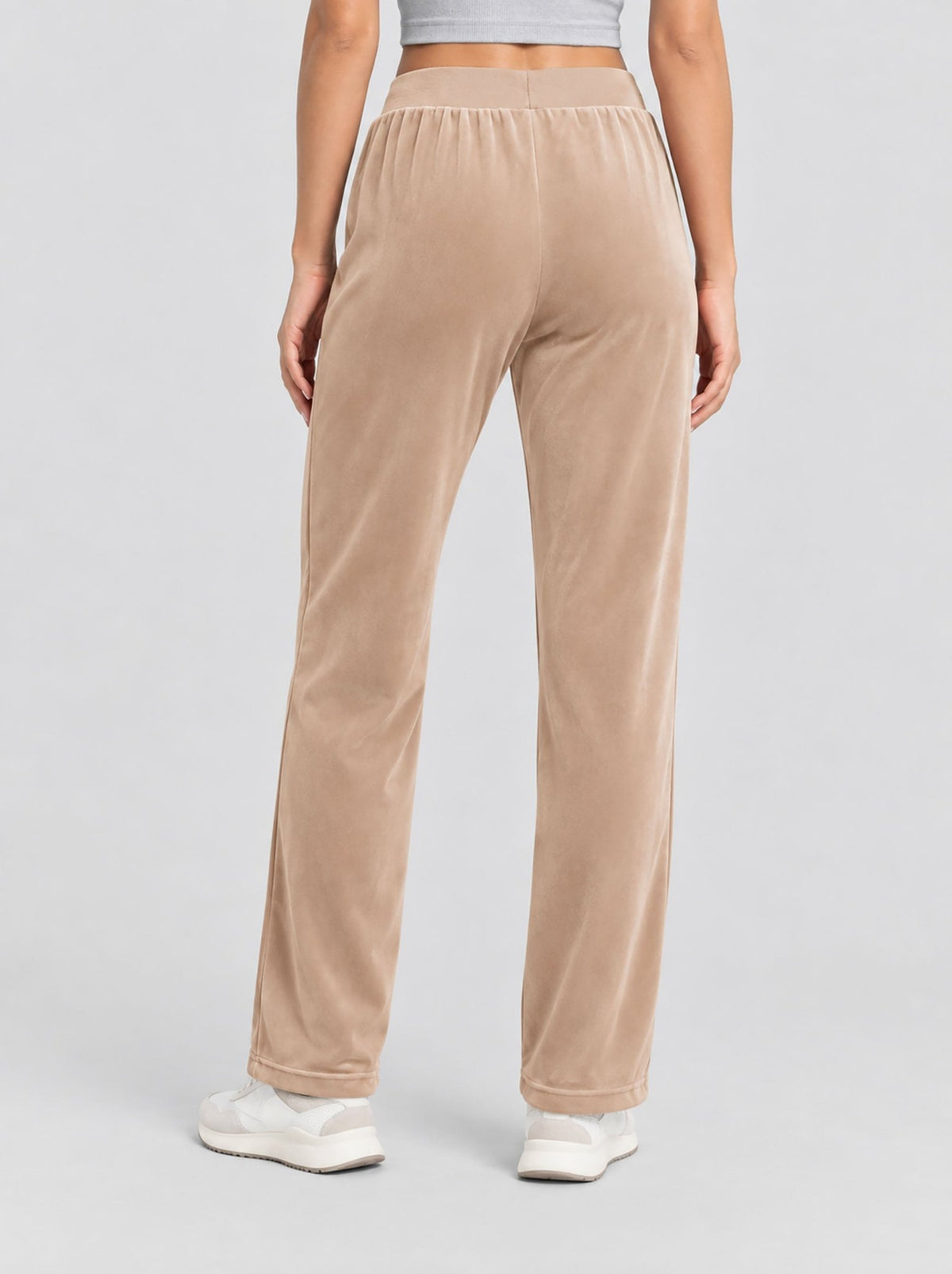 YUCOLEN Women's Soft Velour Straight Leg Pants with Elastic Waist in Light Brown
