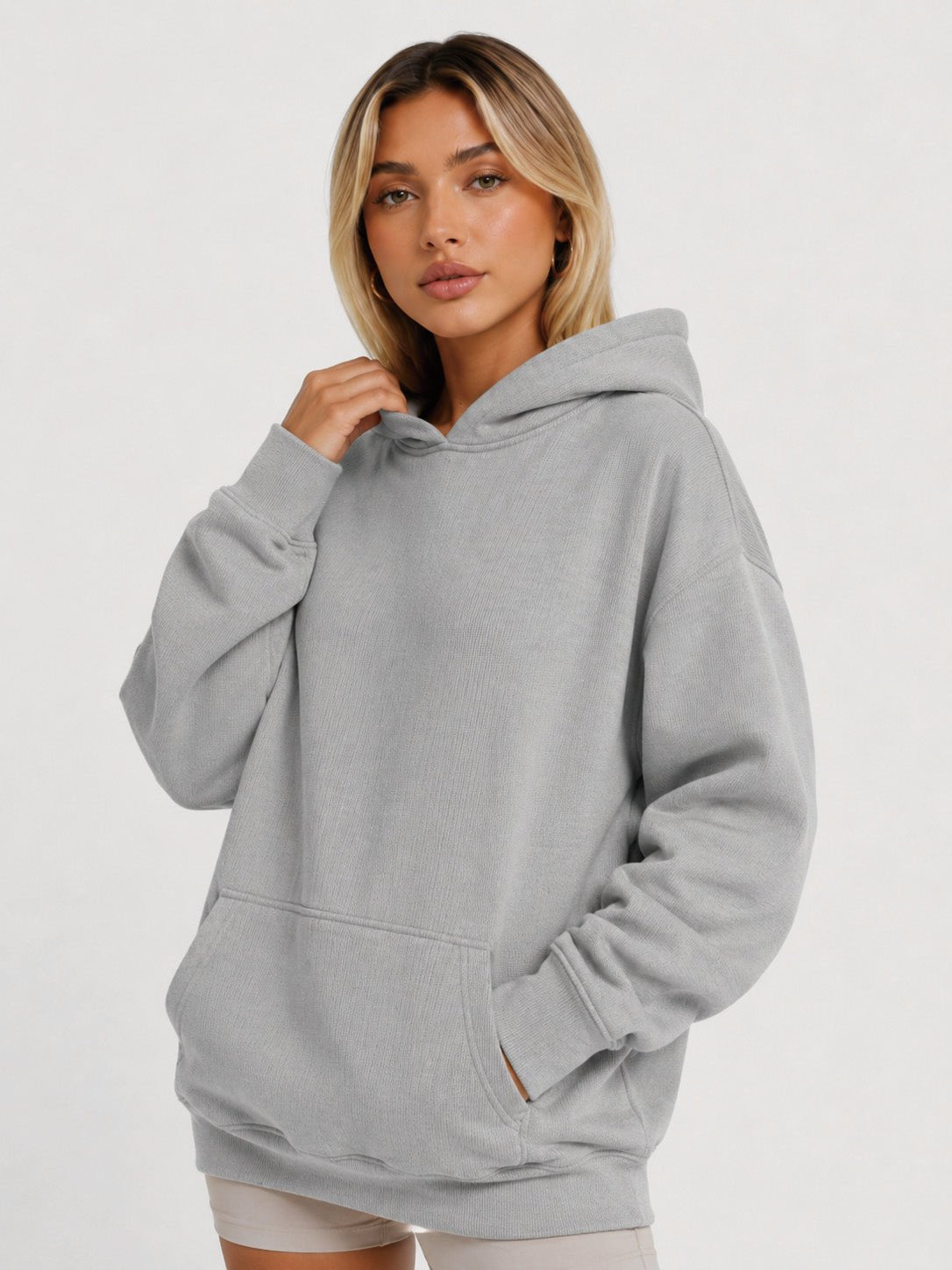 YUCOLEN Women's Oversized Textured Fleece Hoodie Loose Pullover Sweatshirt with Kangaroo Pocket in Light Gray