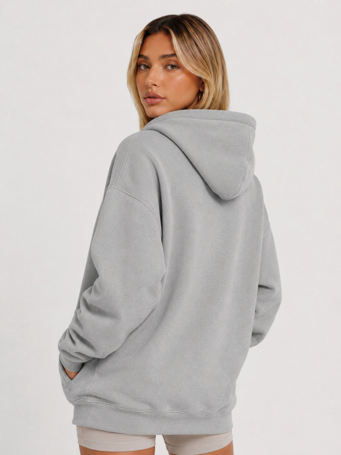 YUCOLEN Women's Oversized Textured Fleece Hoodie Loose Pullover Sweatshirt with Kangaroo Pocket in Light Gray