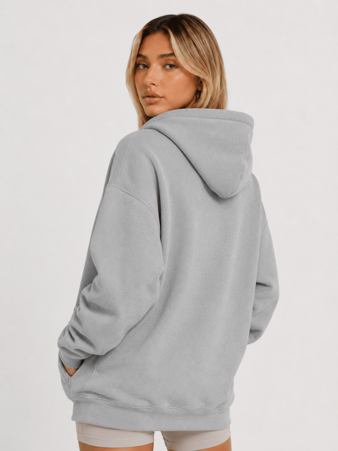 YUCOLEN Women's Oversized Textured Fleece Hoodie Loose Pullover Sweatshirt with Kangaroo Pocket in Light Gray