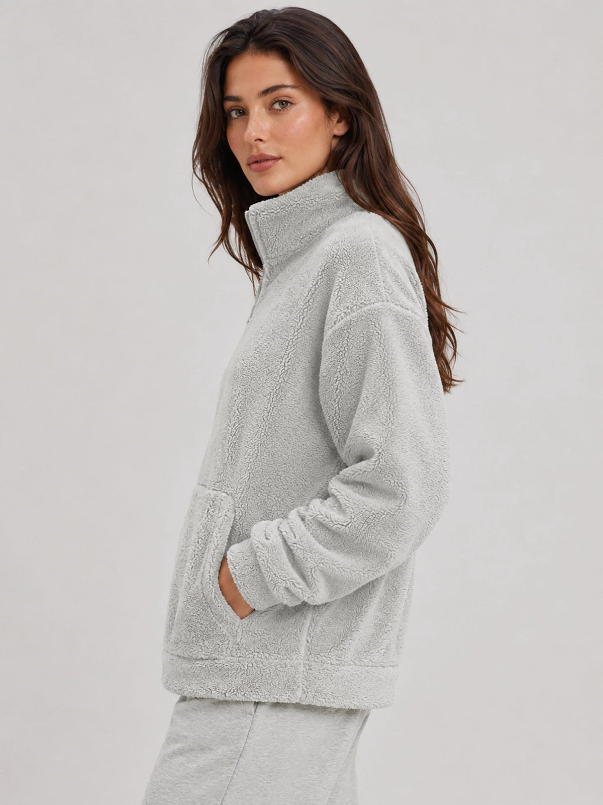 YUCOLEN Women's Stretchy Half Zip Fuzzy Sherpa Pullover with Kangaroo Pocket in Light Gray