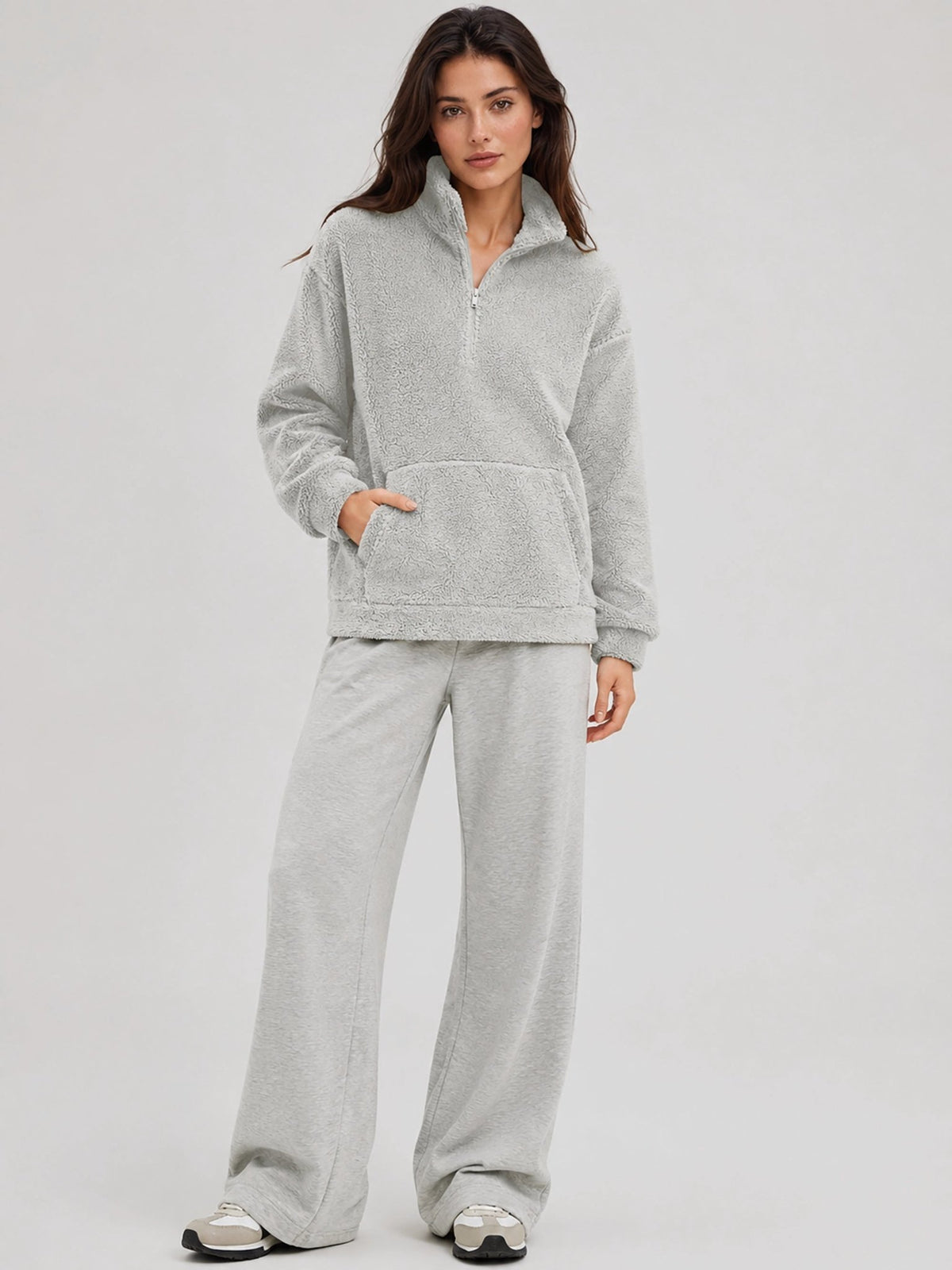 YUCOLEN Women's Stretchy Half Zip Fuzzy Sherpa Pullover with Kangaroo Pocket in Light Gray