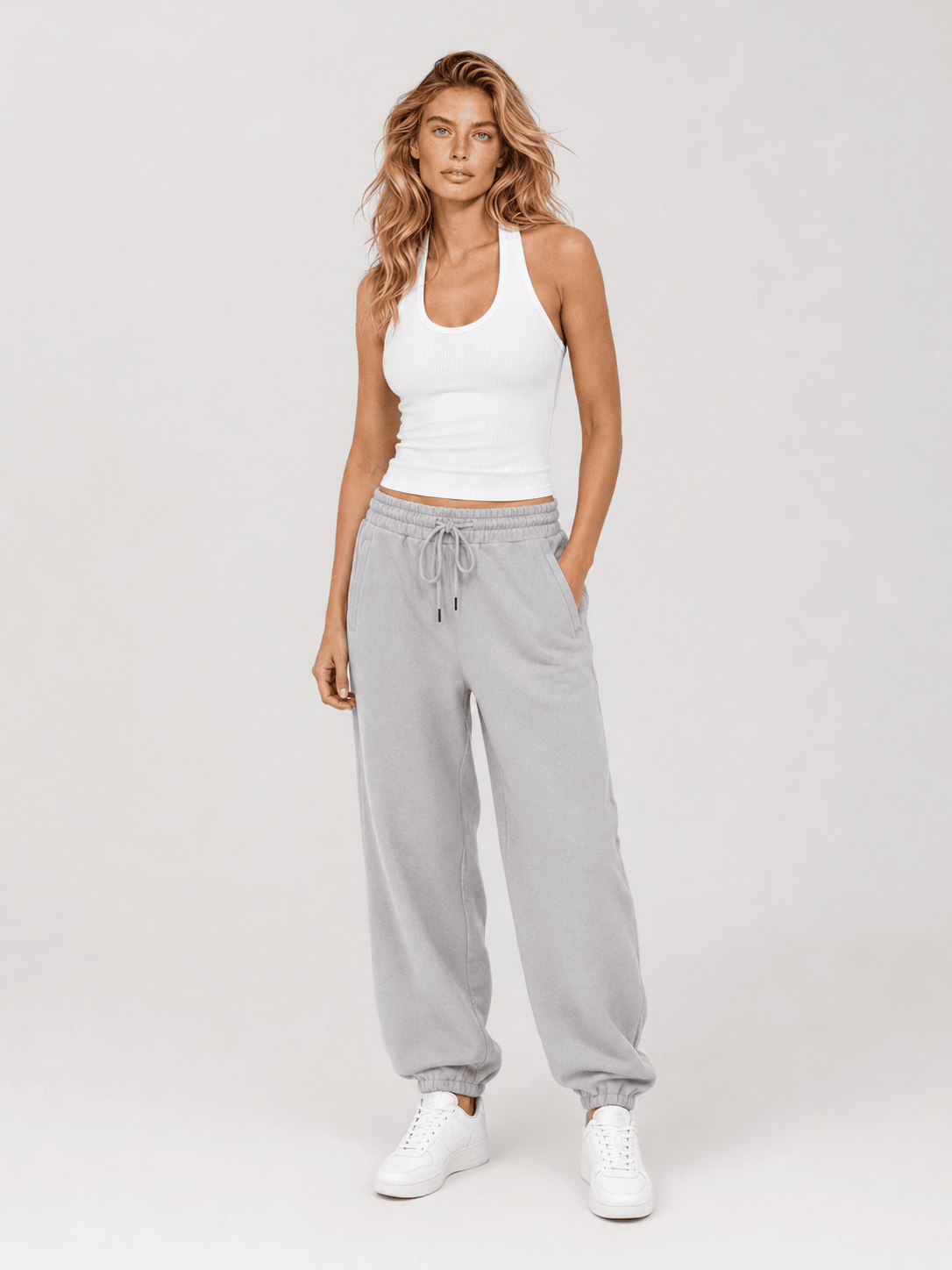 YUCOLEN Heavyweight Fleece Lined Sweatpants Baggy Unisex Relaxed Fit Joggers in Light Grey