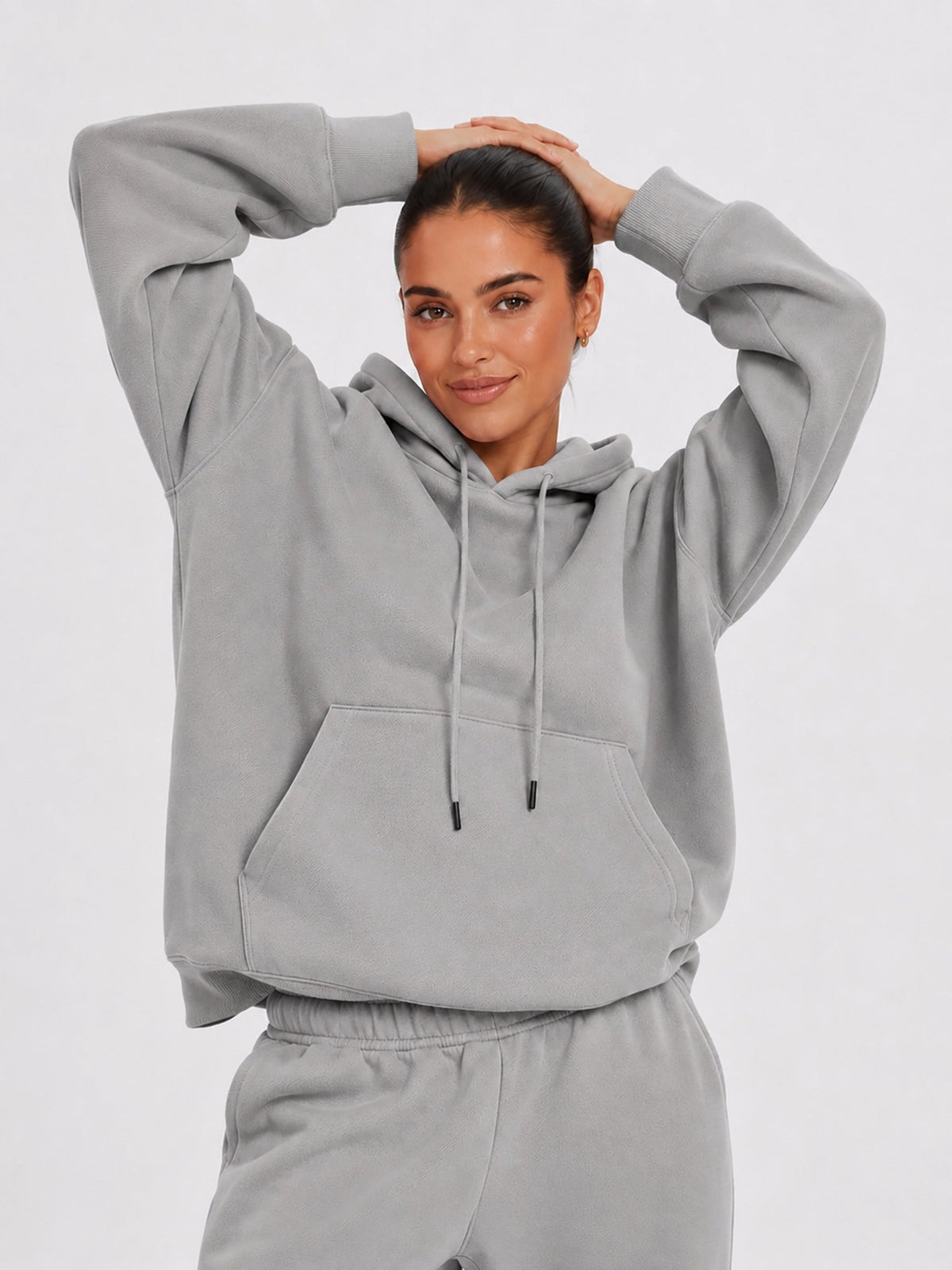 YUCOLEN Unisex Oversized Cotton Fleece Hoodie with Kangaroo Pocket in Light Grey