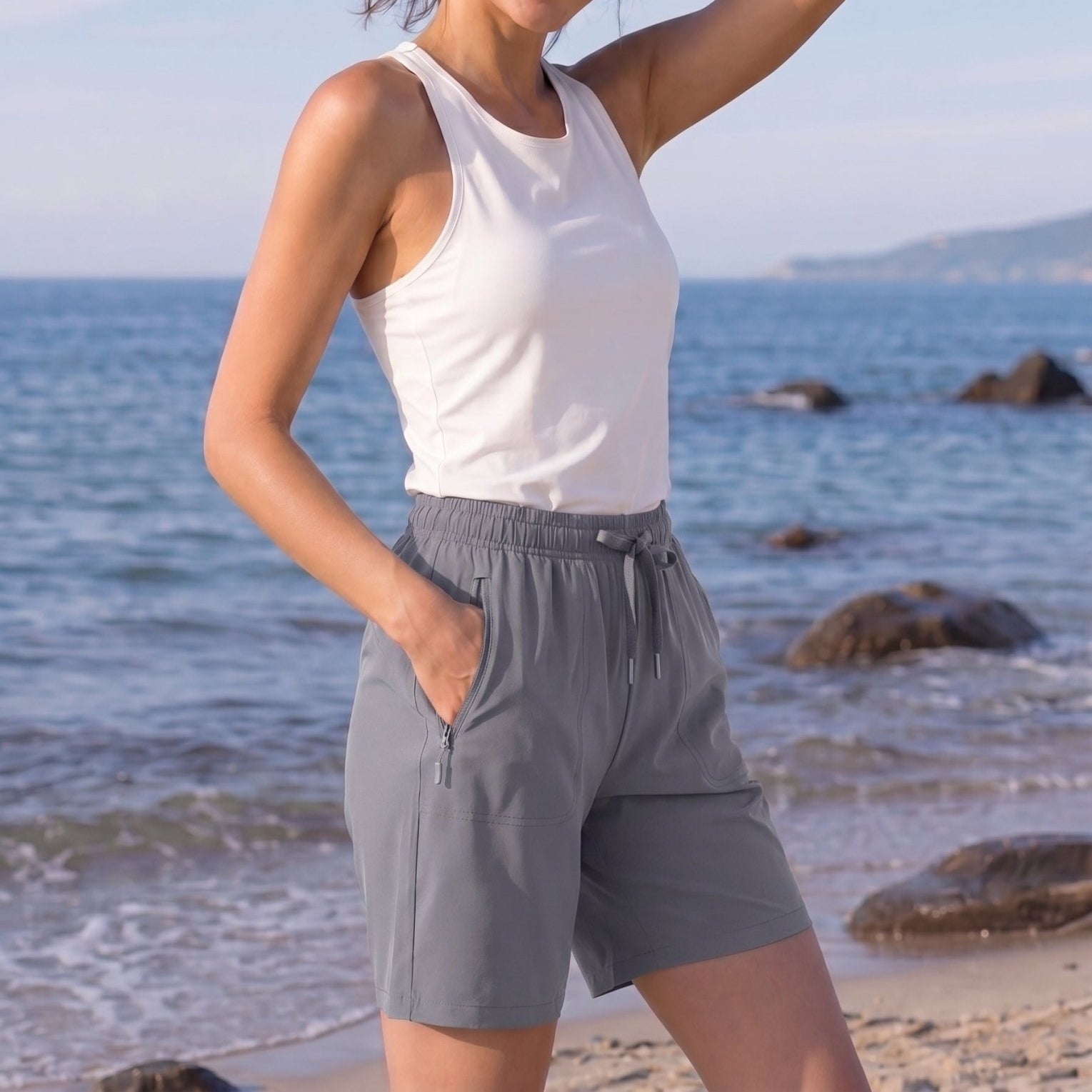 YUCOLEN Women 8 Inch Inseam Hiking Shorts - Water Resistant Quick Dry Golf Shorts with Zipper Pockets in Light Grey
