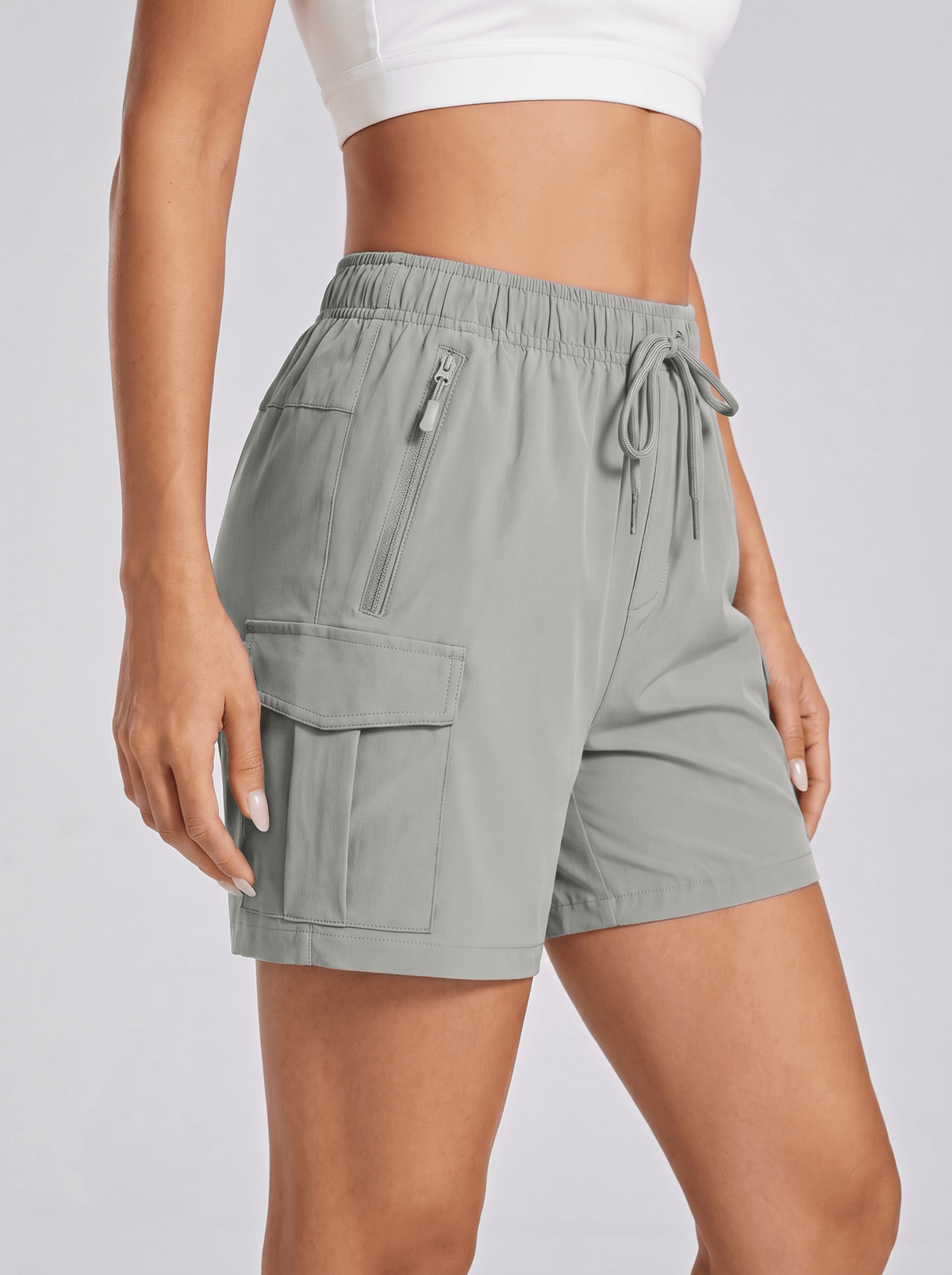 YUCOLEN Women's 5 Inch Quick Dry Hiking Cargo Shorts UPF 50 Plus Lightweight Athletic Shorts in Light Grey
