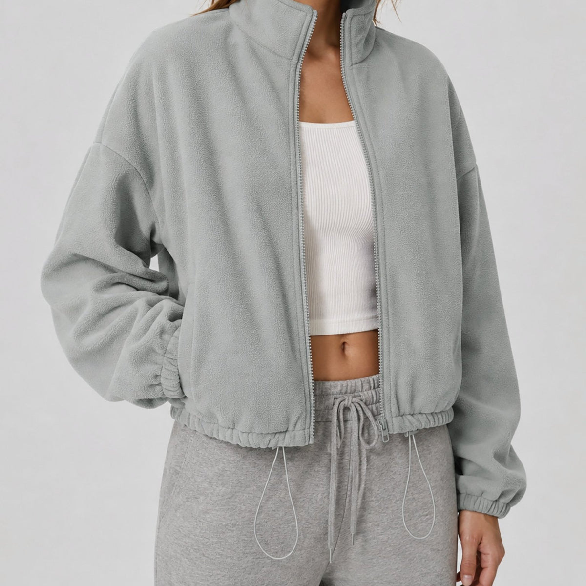 YUCOLEN Women's Cropped Fleece Jacket Full Zip Lightweight Workout Coat in Light Grey