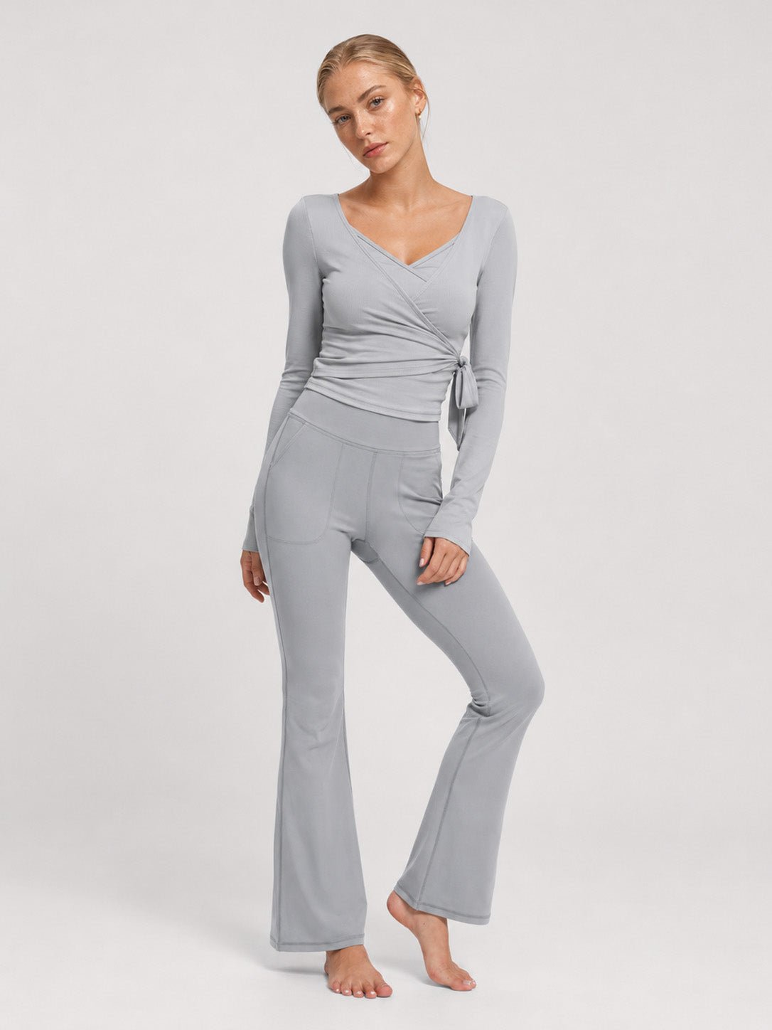 YUCOLEN Women's Flare Yoga Pants Foldover High Waist Bootcut Leggings with Pockets in Light Grey
