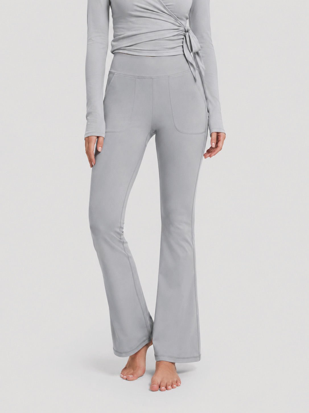 YUCOLEN Women's Flare Yoga Pants Foldover High Waist Bootcut Leggings with Pockets in Light Grey