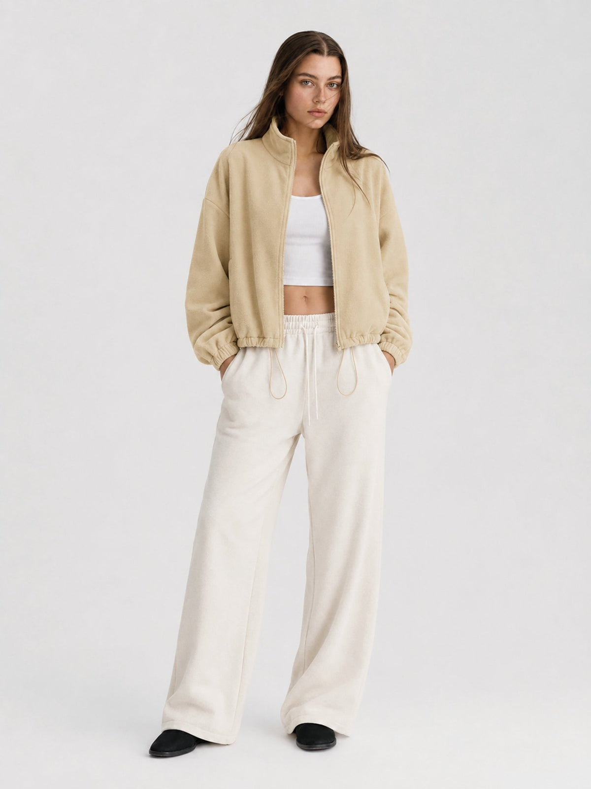 YUCOLEN Women's Cropped Fleece Jacket Full Zip Lightweight Workout Coat in Light Khaki