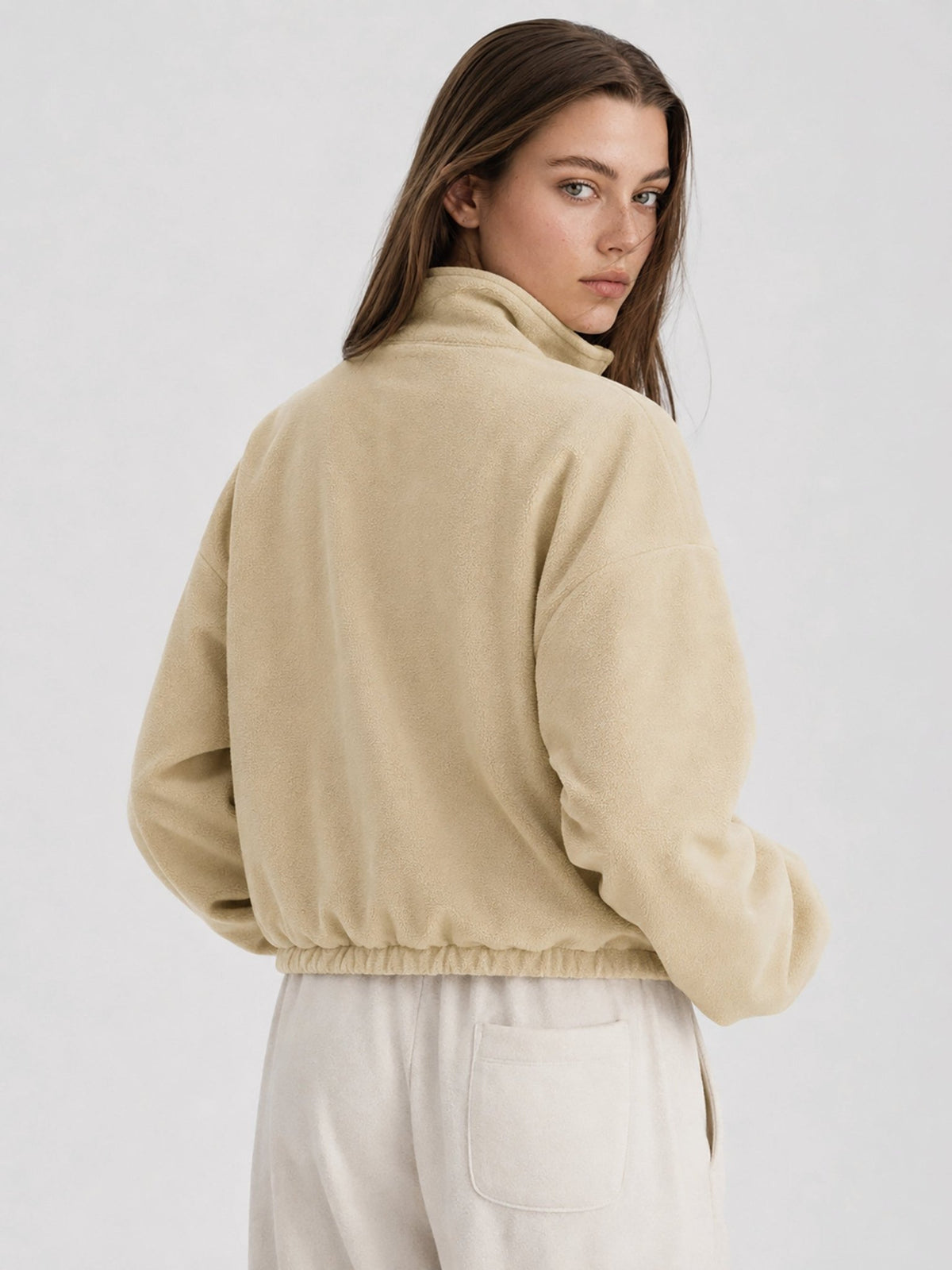 YUCOLEN Women's Cropped Fleece Jacket Full Zip Lightweight Workout Coat in Light Khaki