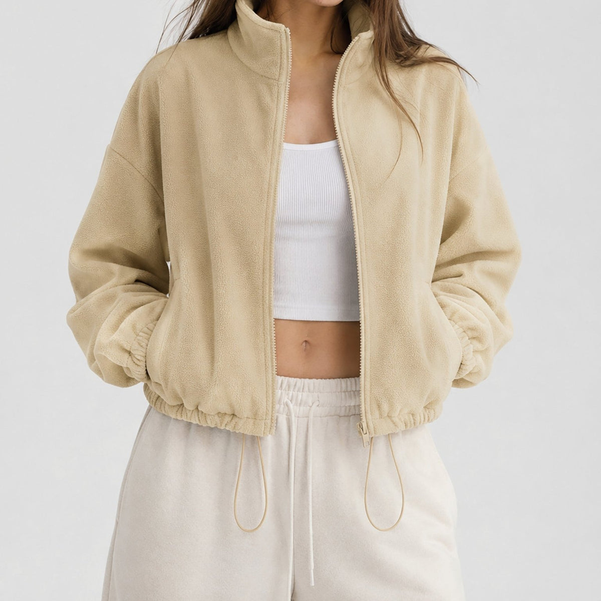 YUCOLEN Women's Cropped Fleece Jacket Full Zip Lightweight Workout Coat in Light Khaki