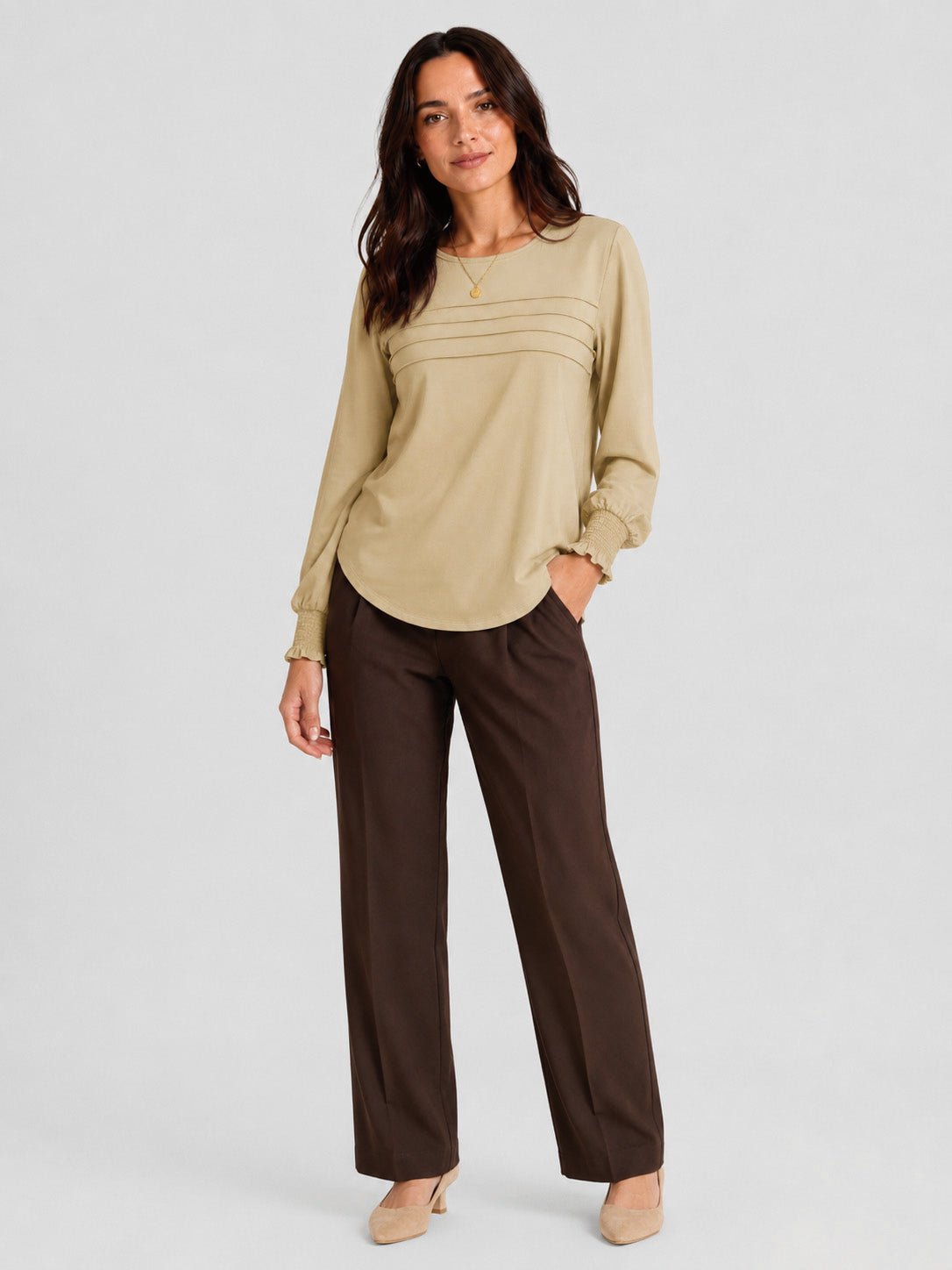 YUCOLEN Women's Lantern Sleeve Pleated Blouse Soft Cotton Rayon Dressy Top in Light Khaki