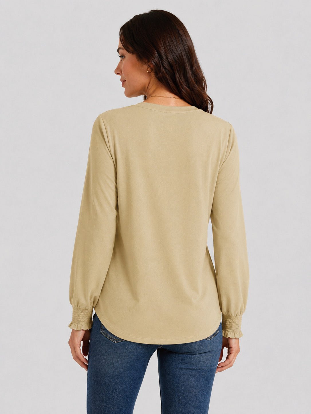 YUCOLEN Women's Lantern Sleeve Pleated Blouse Soft Cotton Rayon Dressy Top in Light Khaki