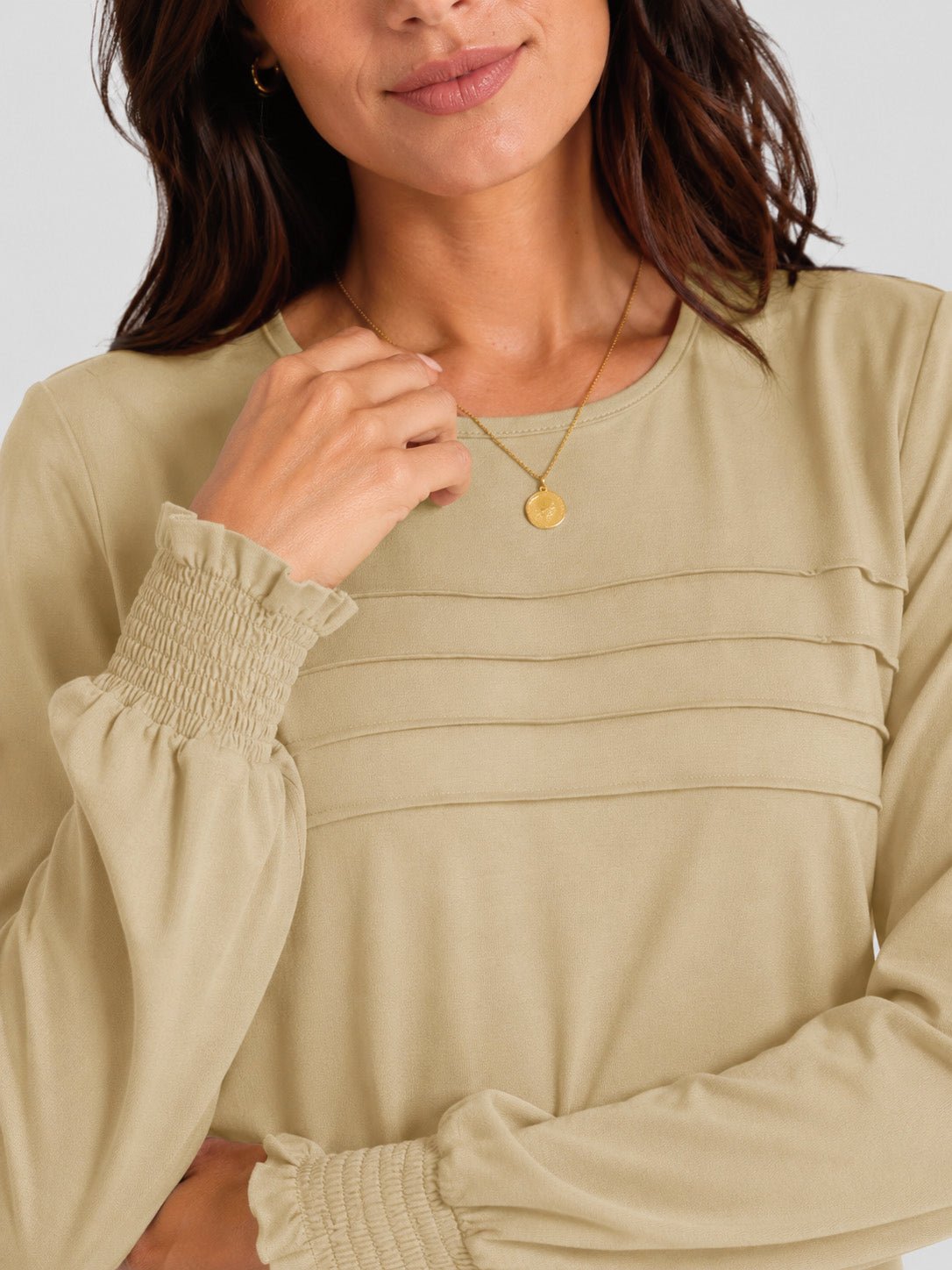 YUCOLEN Women's Lantern Sleeve Pleated Blouse Soft Cotton Rayon Dressy Top in Light Khaki