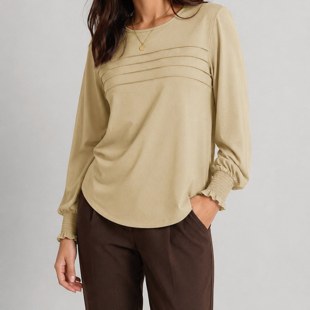 YUCOLEN Women's Lantern Sleeve Pleated Blouse Soft Cotton Rayon Dressy Top in Light Khaki