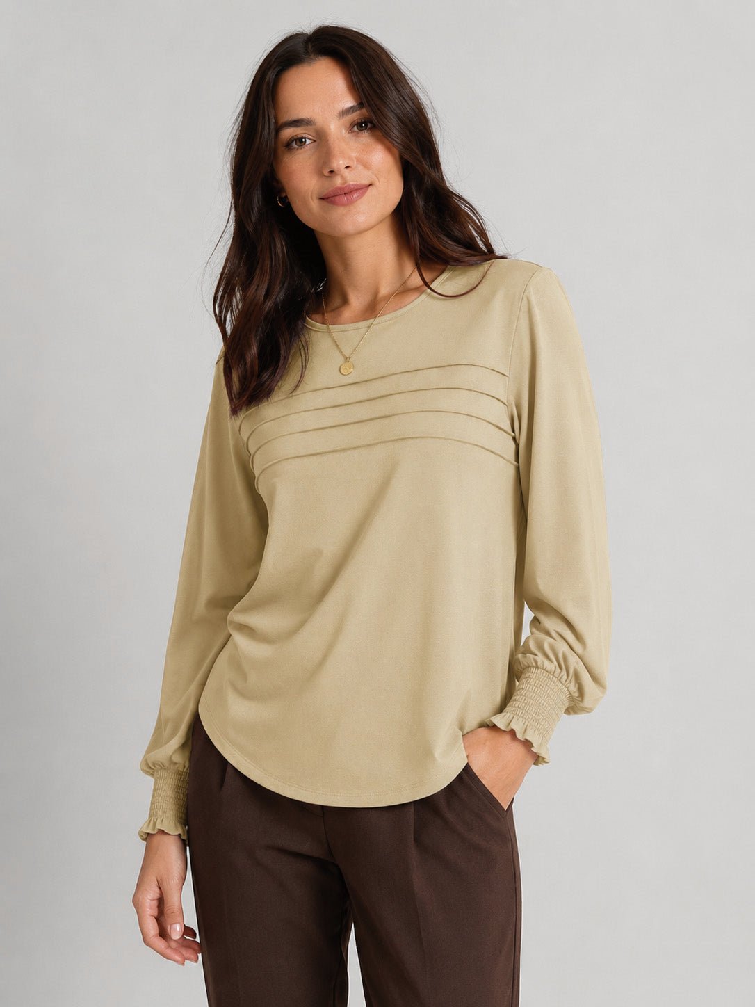 YUCOLEN Women's Lantern Sleeve Pleated Blouse Soft Cotton Rayon Dressy Top in Light Khaki