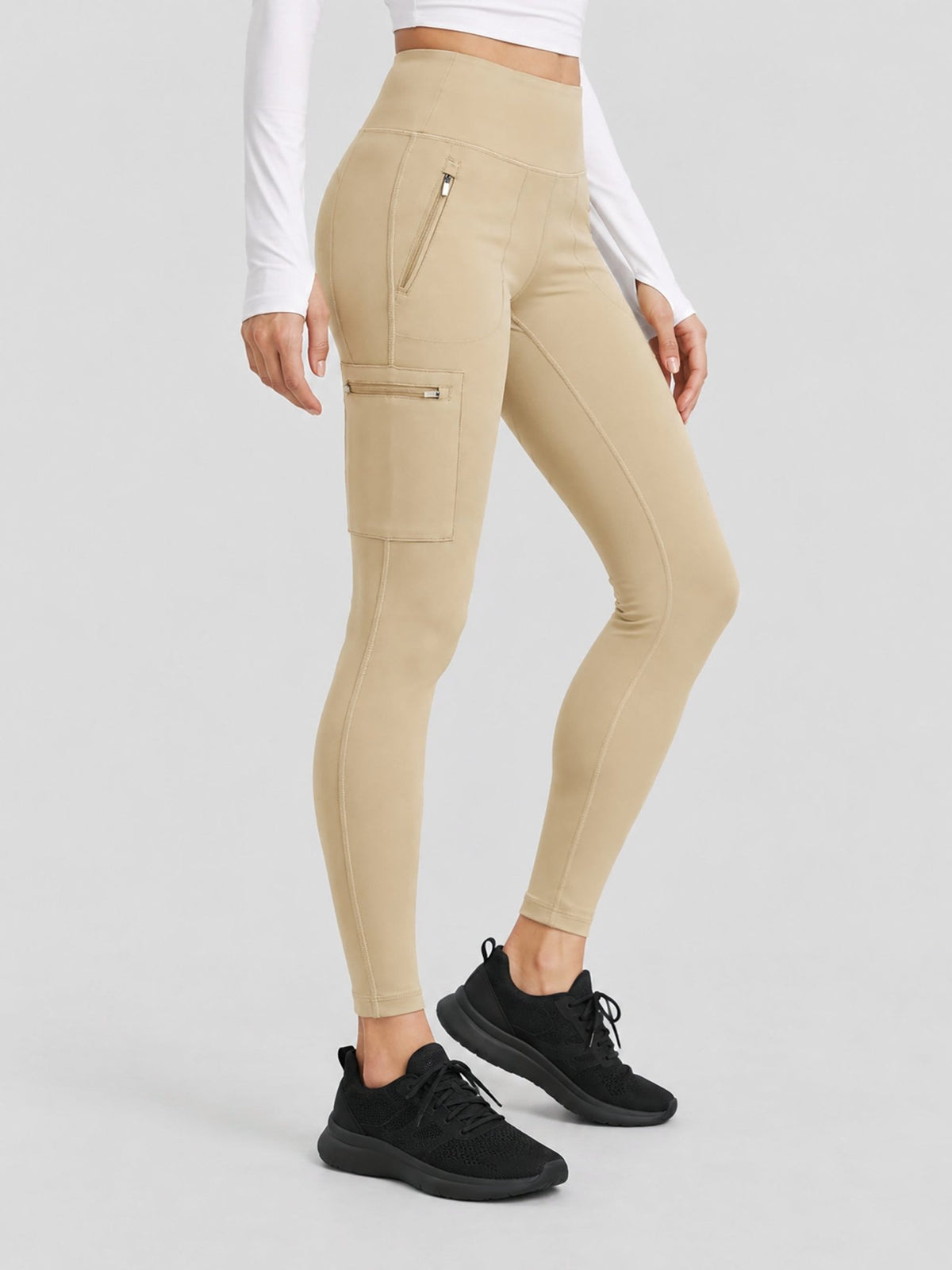 YUCOLEN Women's Outdoor Stretch Leggings with High Waist and Pockets in Light Khaki