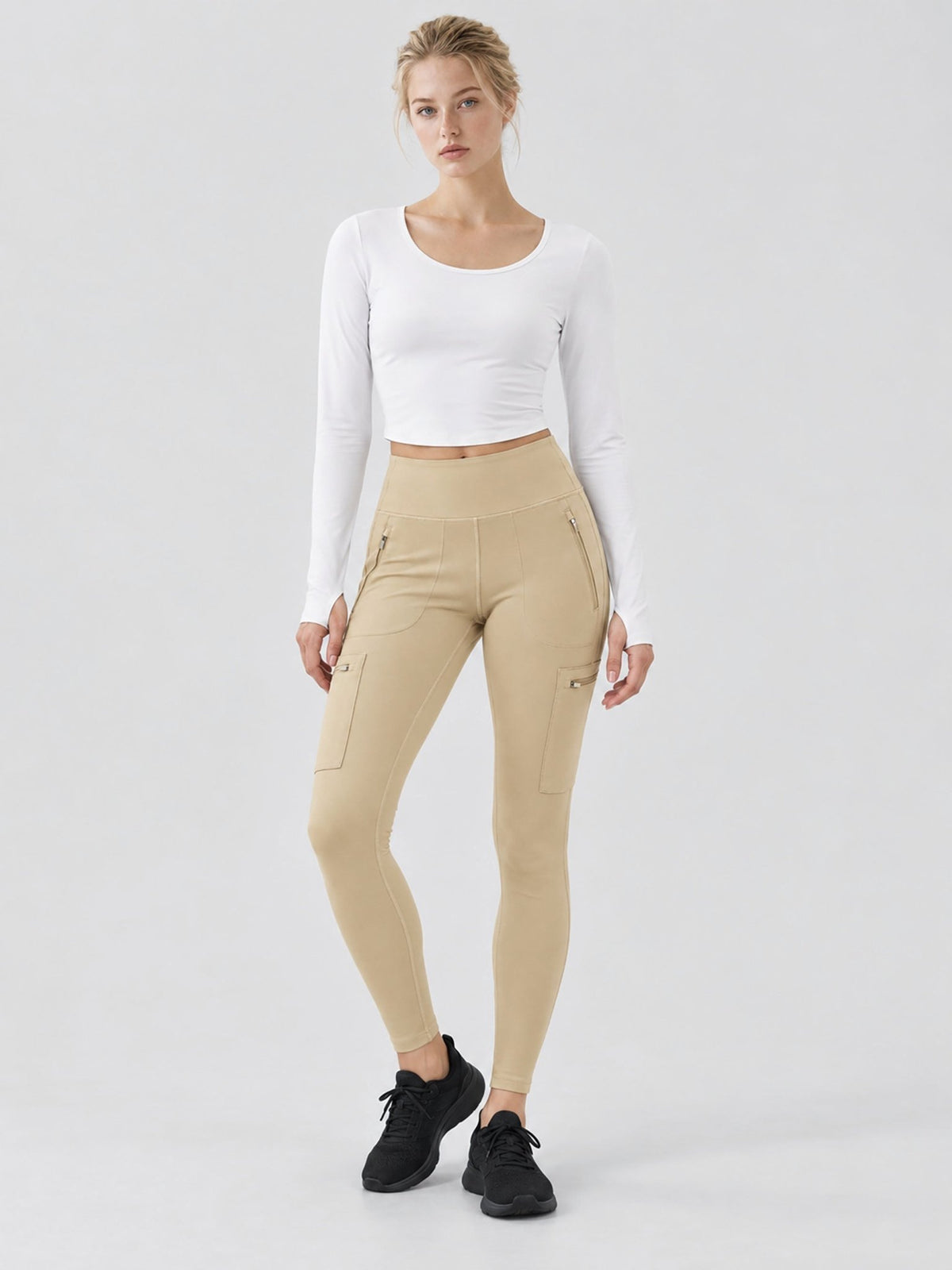 YUCOLEN Women's Outdoor Stretch Leggings with High Waist and Pockets in Light Khaki