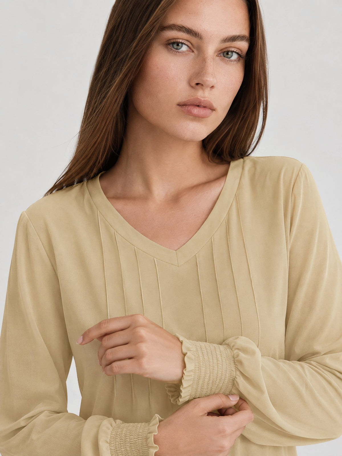 YUCOLEN Women's V Neck Pleated Tunic Blouse Ruffle Cuff Long Sleeve Shirt in Light Khaki