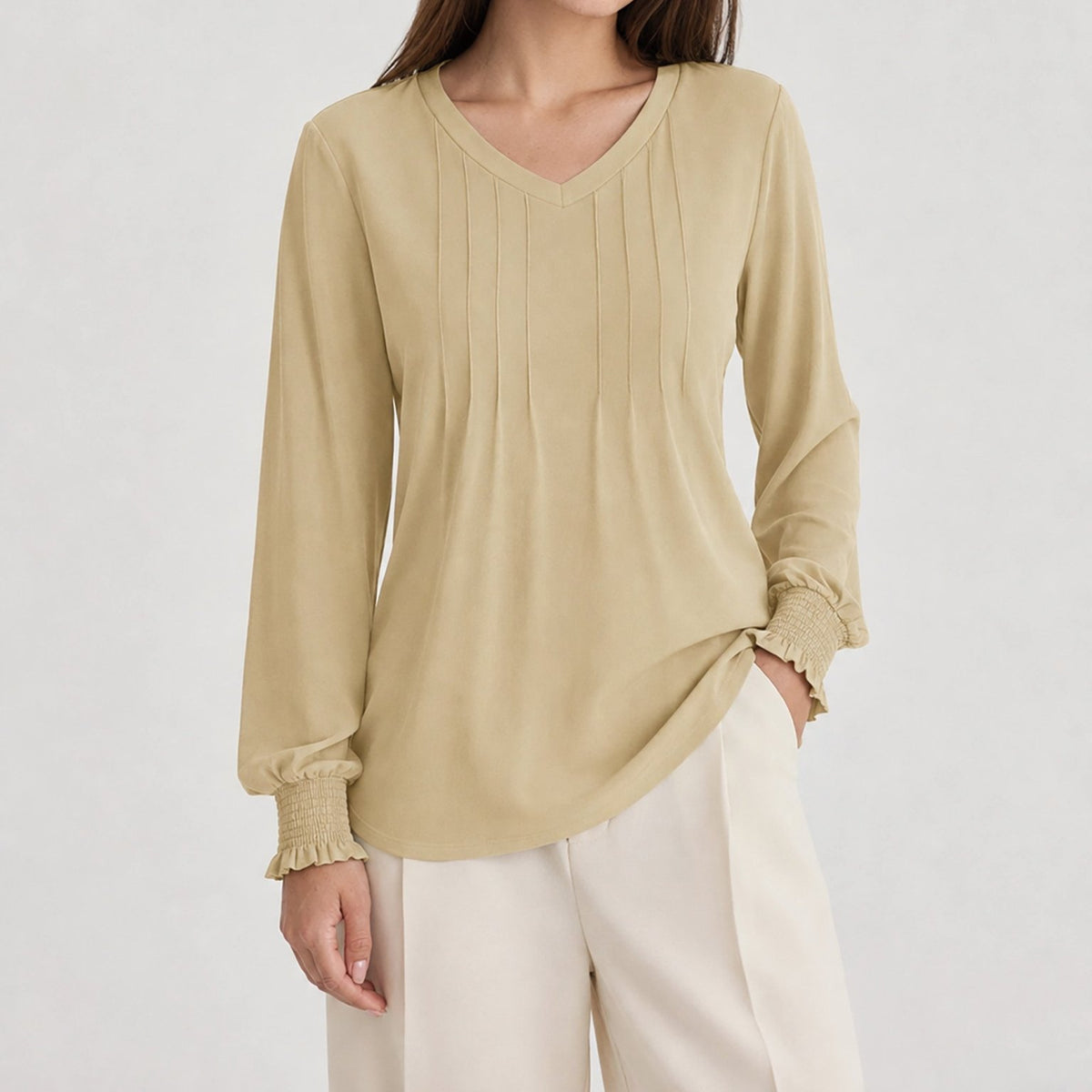 YUCOLEN Women's V Neck Pleated Tunic Blouse Ruffle Cuff Long Sleeve Shirt in Light Khaki