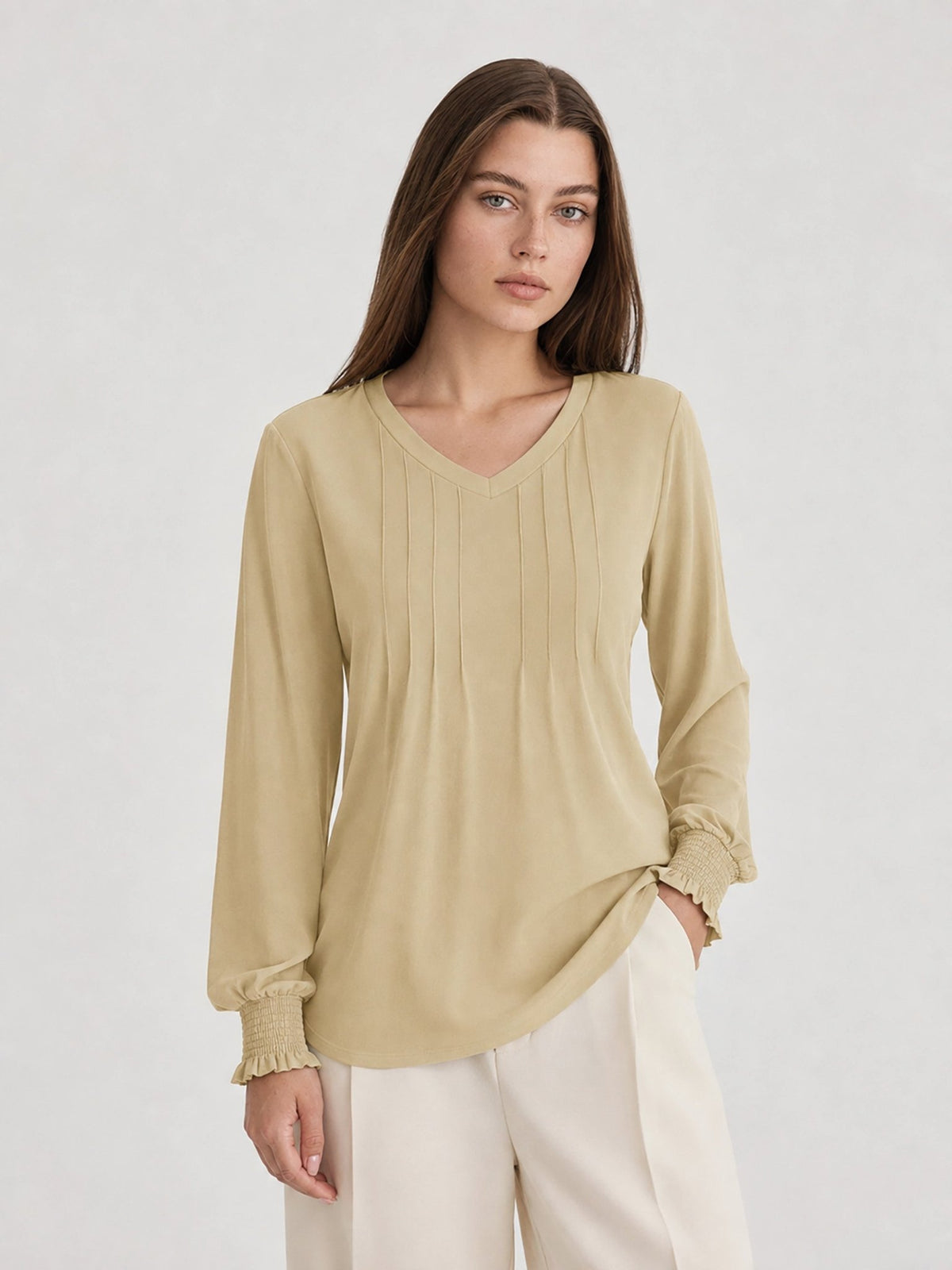 YUCOLEN Women's V Neck Pleated Tunic Blouse Ruffle Cuff Long Sleeve Shirt in Light Khaki