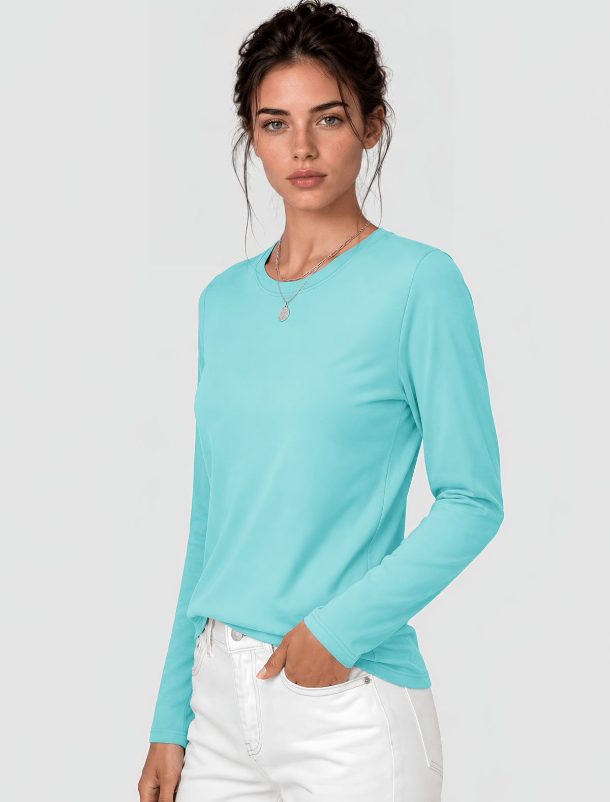 YUCOLEN Women's Long Sleeve Crew Neck Shirt Soft Tri-blend Cotton Performance Tee in Light Lack Blue