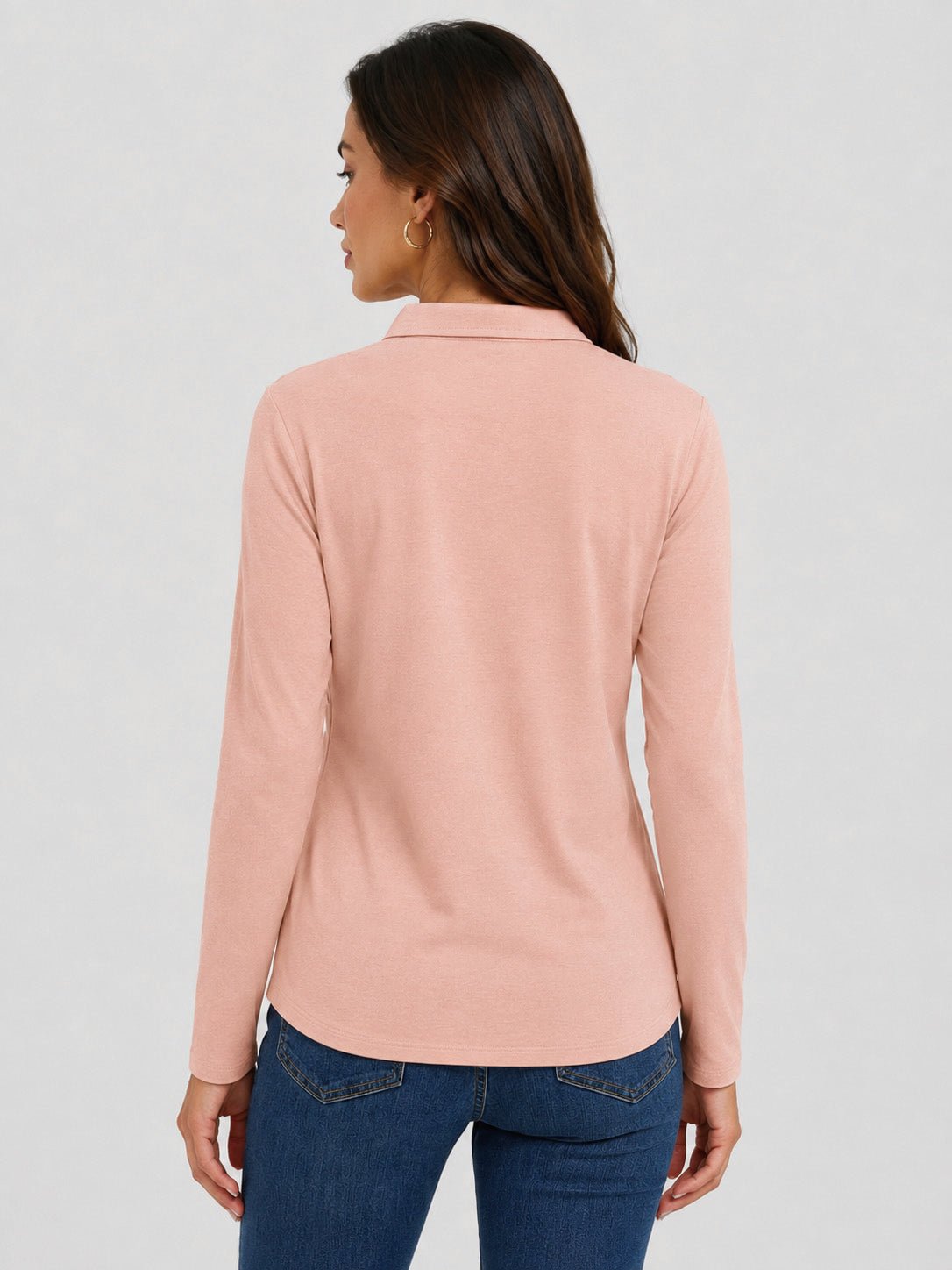 YUCOLEN Women's Long Sleeve Golf Shirt Breathable Cotton Blend 5-Button Top in Light Peach