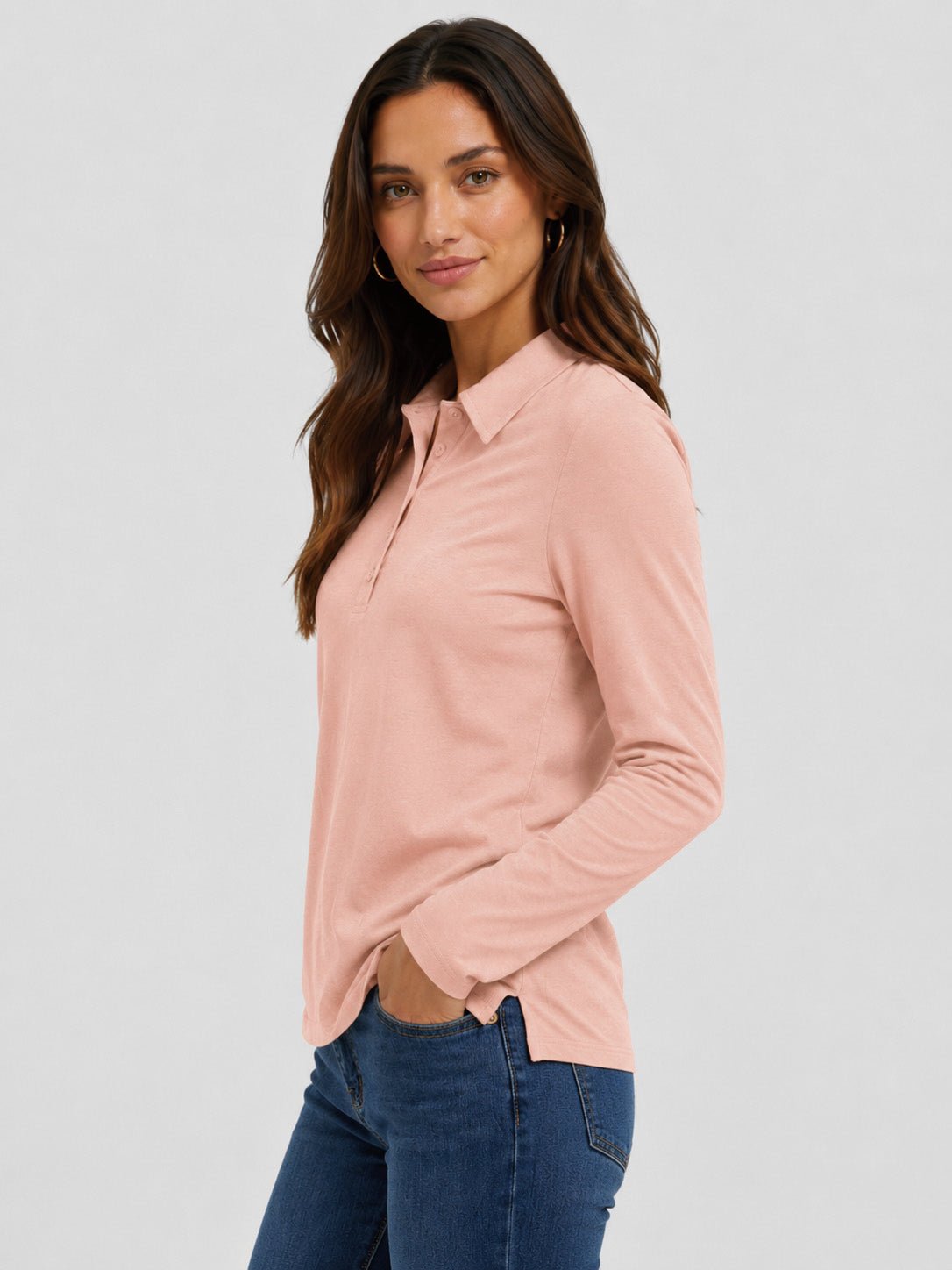 YUCOLEN Women's Long Sleeve Golf Shirt Breathable Cotton Blend 5-Button Top in Light Peach