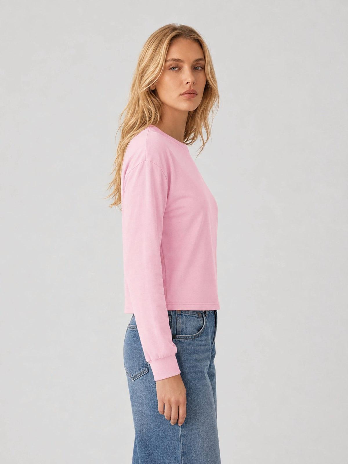 YUCOLEN Women's Breathable Cotton Blend Long Sleeve Crewneck Cropped Top in Light Pink